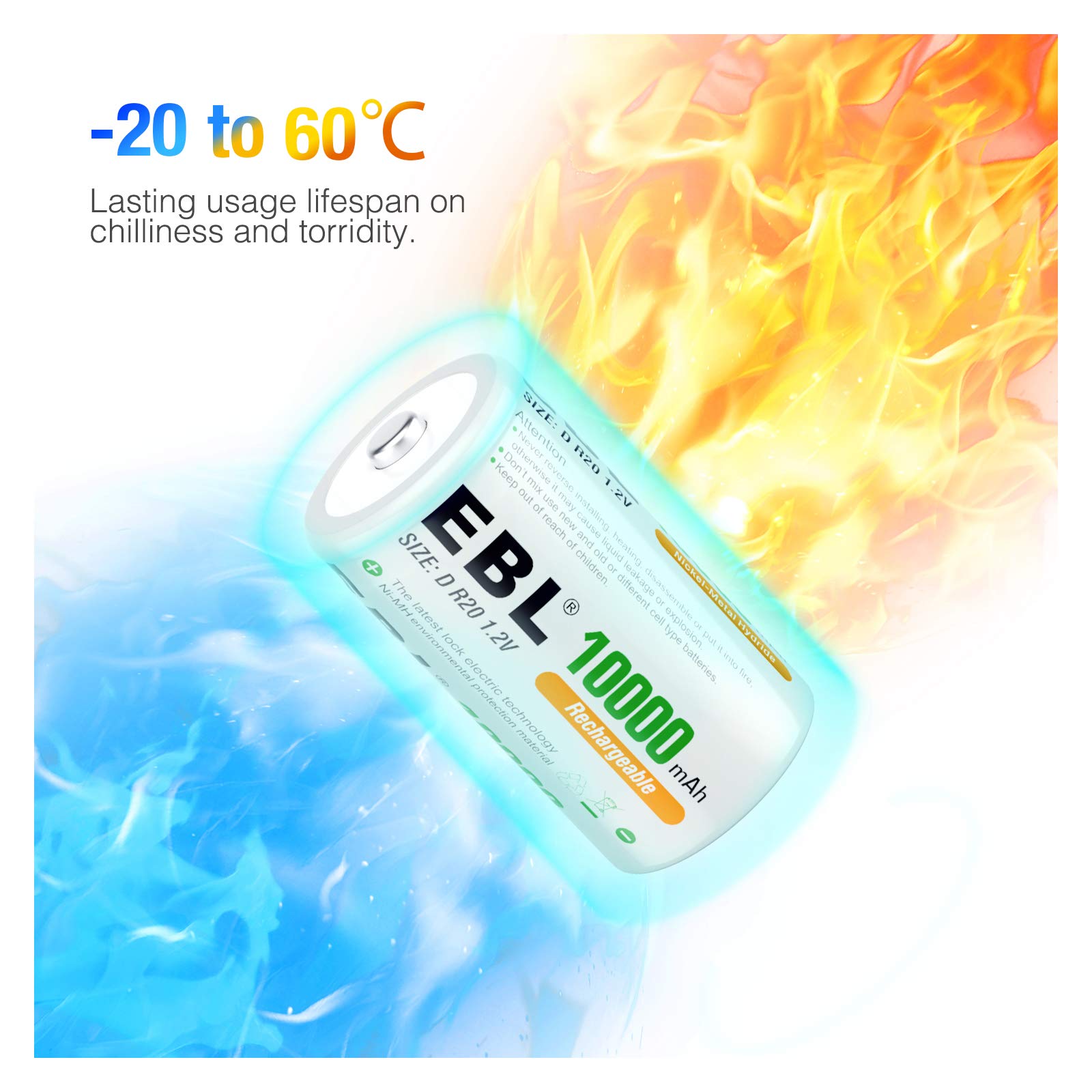 EBL D Size Rechargeable Batteries 10000mAh NiMH - 2 Pack High Capacity D Cell Batteries for Flashlights, Toys, Remote Controls & Emergency Devices