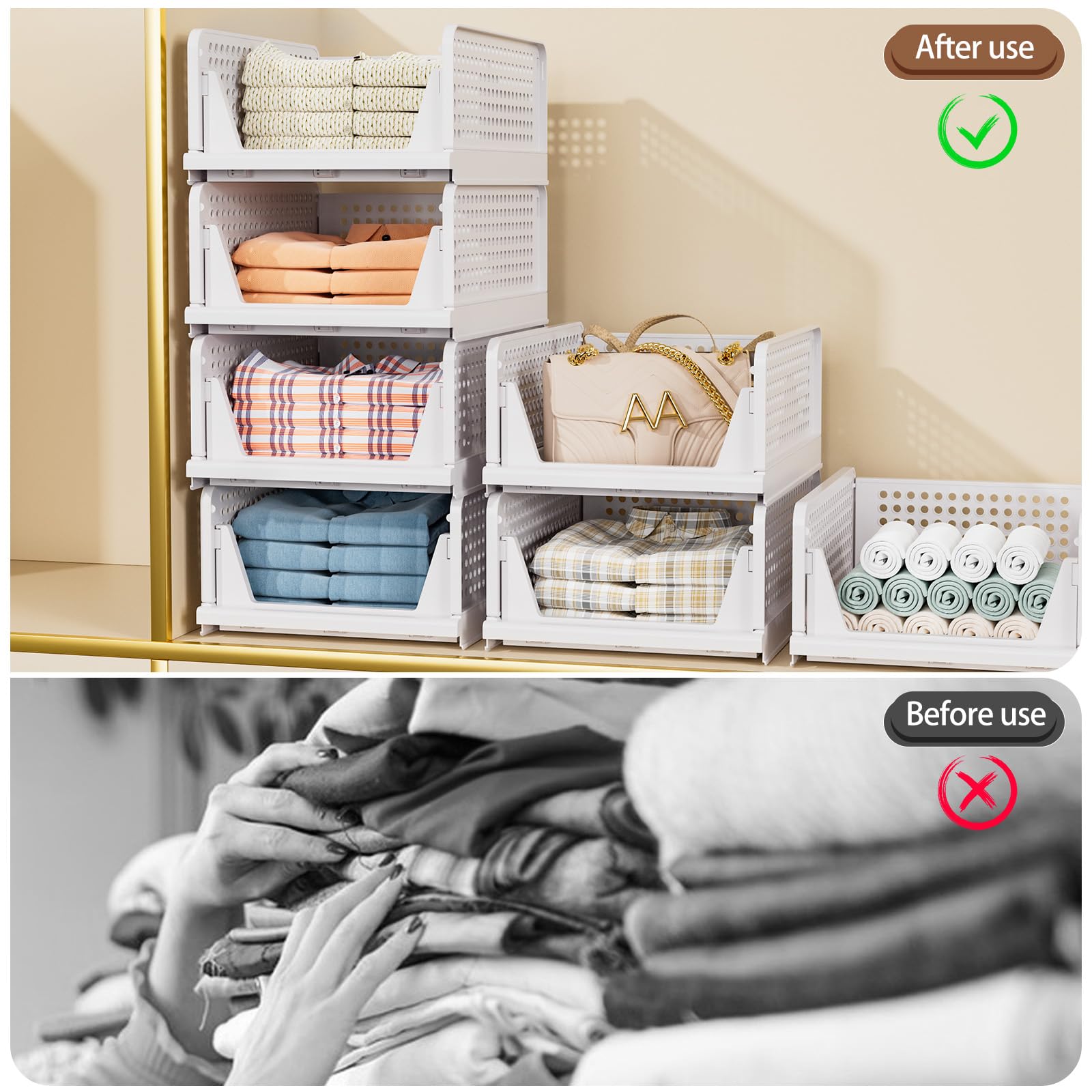 TidyIsles - 4 Pack Foldable Closet Organizer & Stackable Storage Boxes, Plastic Drawer Baskets for Bedroom, Kitchen, Bathroom Organization (White) | Perfect for Closet Shelving, Underbed Storage & Small Space Organization