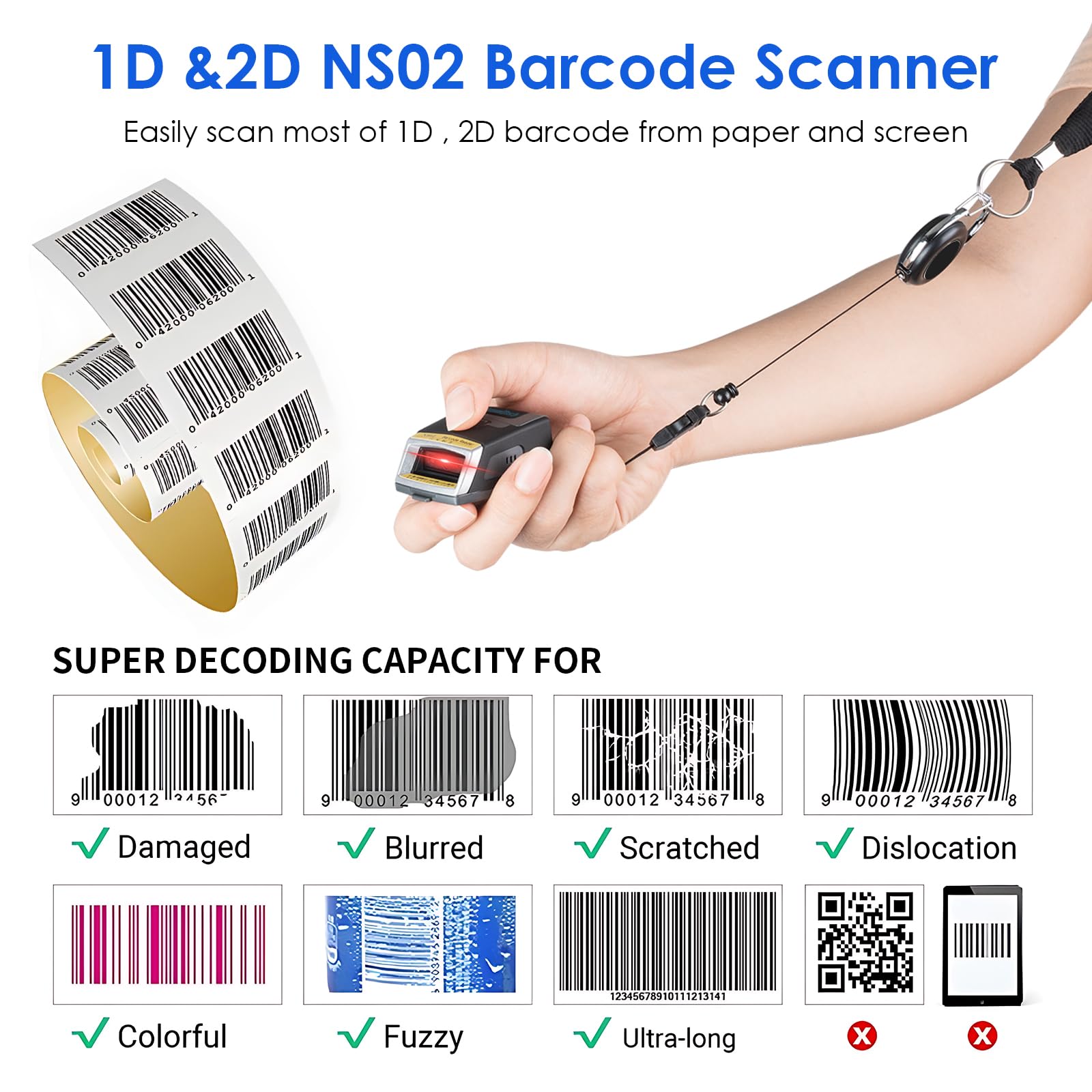 Wireless Bluetooth Barcode Scanner 1D/2D - NS02 Portable Barcode Reader with Lanyard, Compatible with Zebra SE4107, Android, iOS & PC, IP65 Waterproof for Warehouse, Retail, Manufacturing, Logistics - Perfect for Inventory Management, Stock Control and Harsh Work Environments
