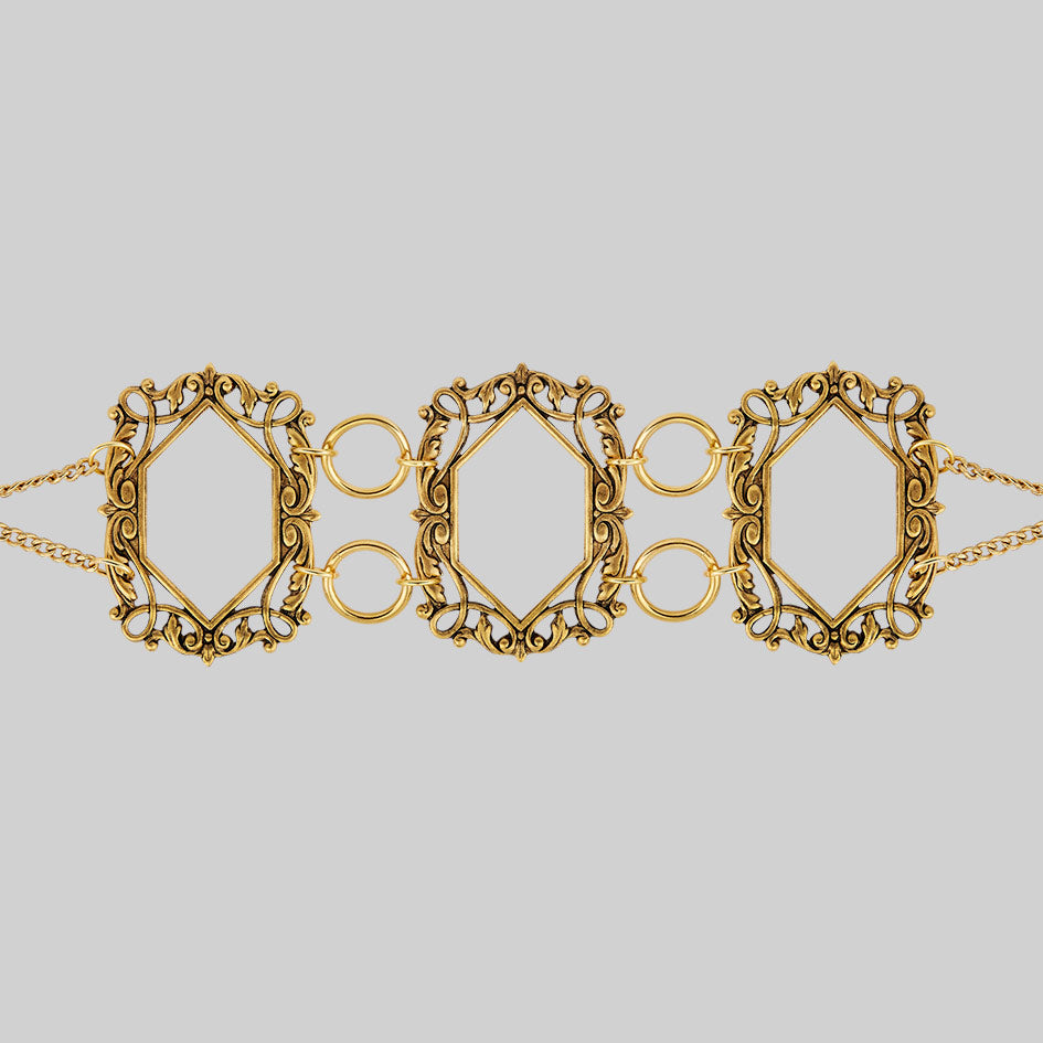 SANSA. Vampesque Gothic Caged Choker Necklace in Gold - Elegant Gothic Jewelry for Women, Perfect for Halloween, Cosplay, and Dark Fashion Accessories