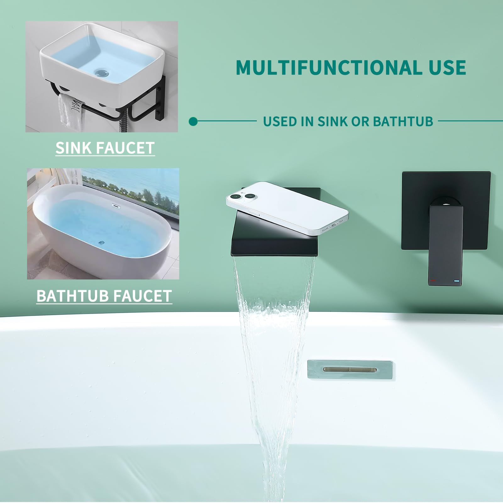 Wall Mount Bathtub Faucet - Matte Black Stainless Steel & Brass Waterfall Tub Filler Set with Single Handle (Spout, Handle, Rough-in Valve Included) - Perfect for Modern Bathroom, Spa, and Luxury Home Renovation