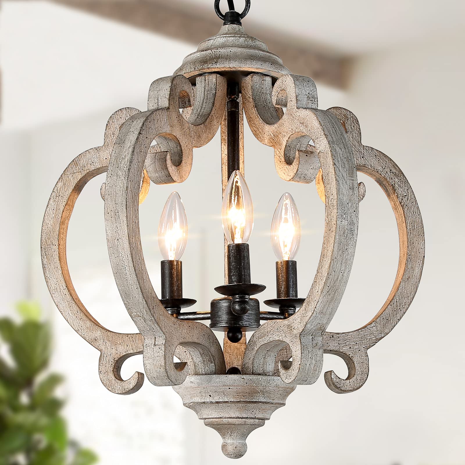 Rustic Wooden Farmhouse Chandelier - 15.5 Inch Dining Room Ceiling Light Fixture for Entryway, Foyer & Kitchen | Perfect for Country Style Home Decor & Cottage Lighting