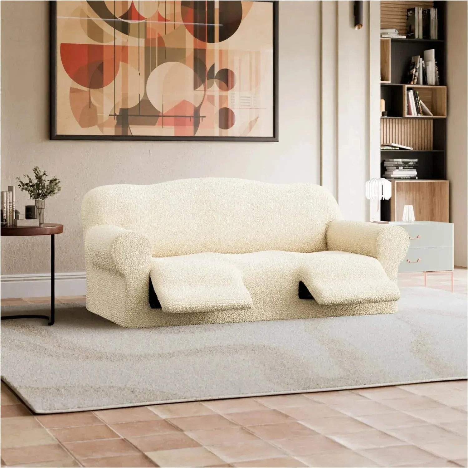 3 Seater Recliner Slipcover - Mille Righe Collection | Stretchable Sofa Cover for Living Room, Family Room & Home Theater | Easy Wash & Anti-Slip Design