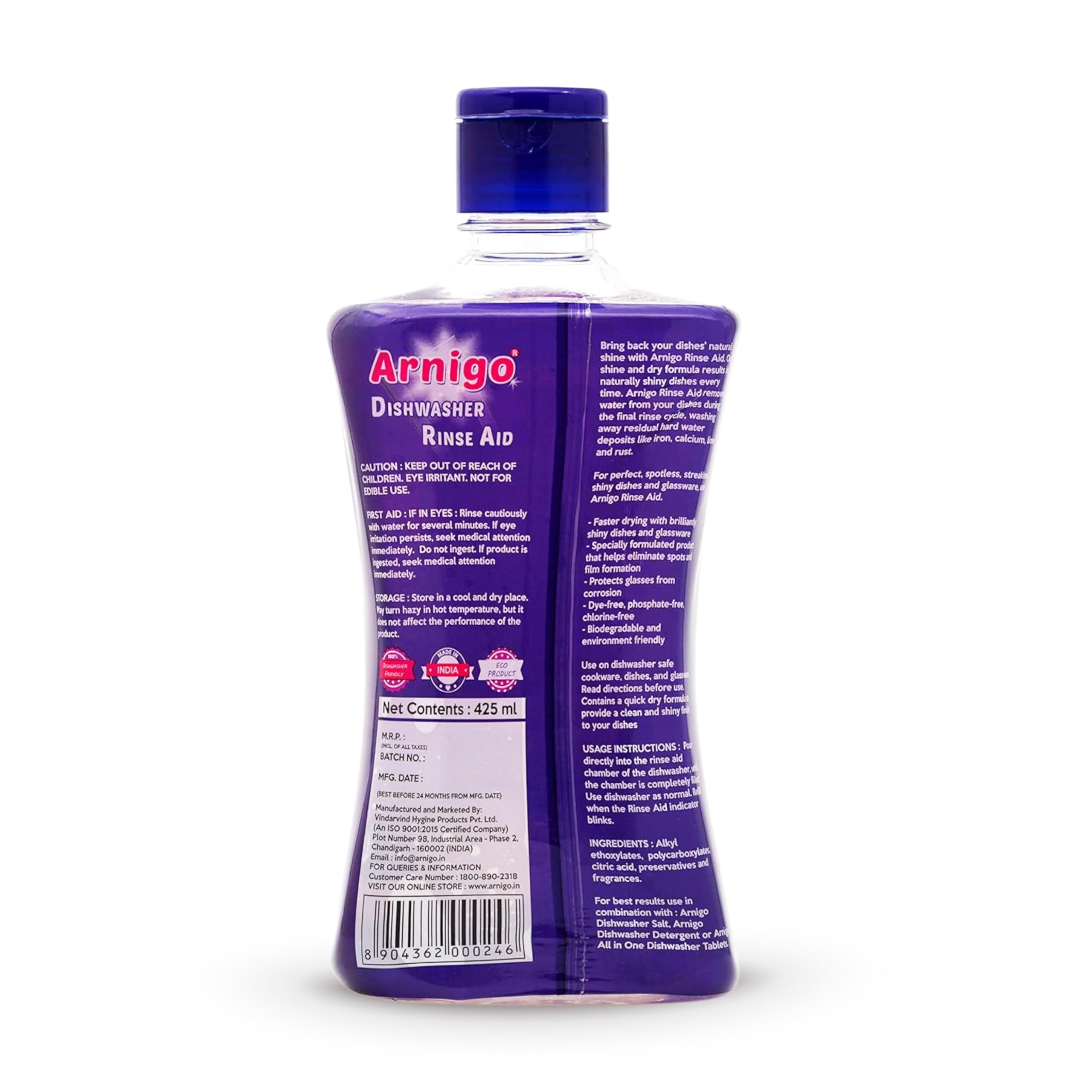 Arnigo Dishwasher Rinse Aid for All Brands - Eliminates Streaks on Glassware, Speeds Drying, Protects Glass with Brilliant Shine - Lemon Scent (425ml) - Perfect for Sparkling Clean Dishes, Wine Glasses & Everyday Dishwashing