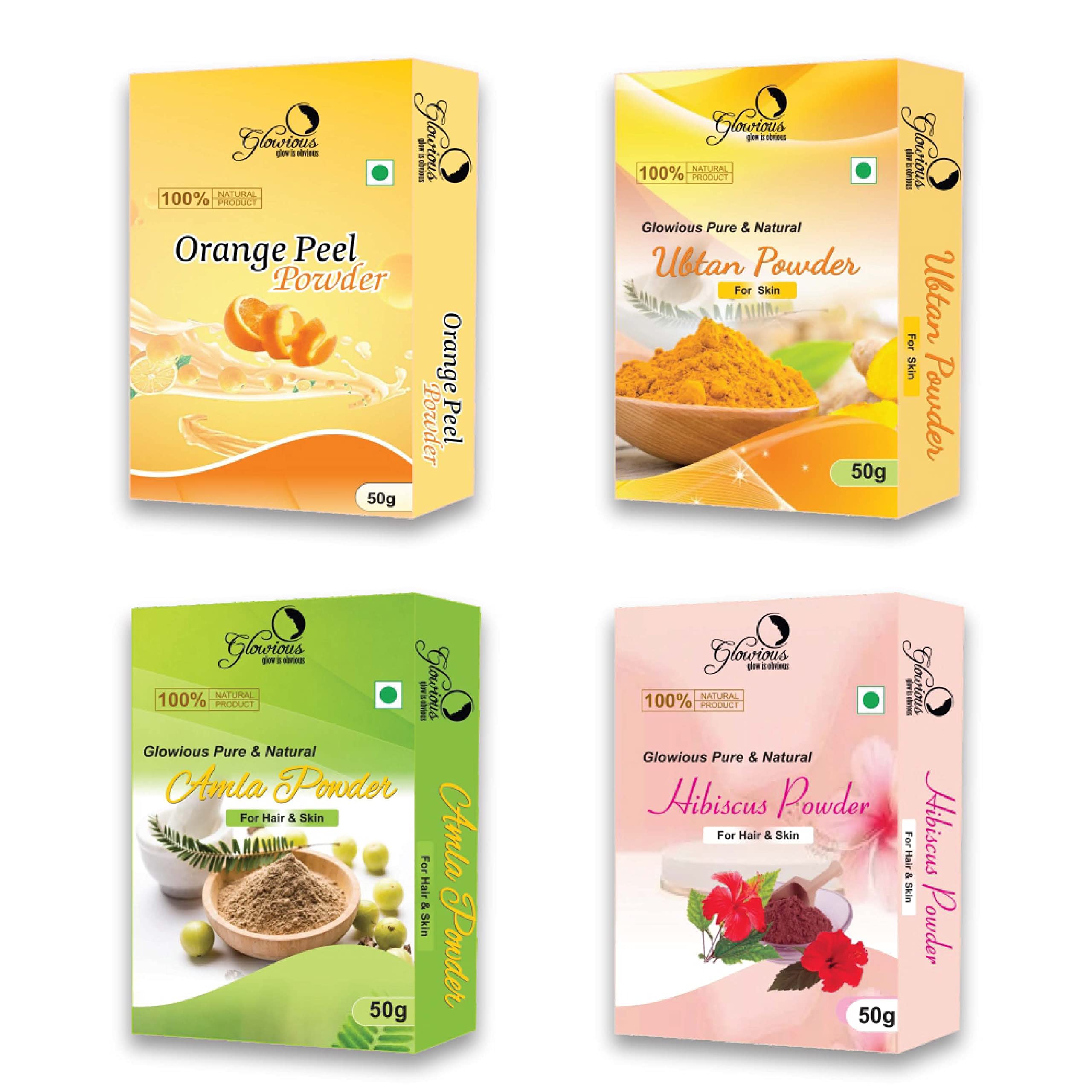 Glowious Radiance Bundle: 100% Natural Orange Peel, Amla, Hibiscus & Ubtan Powder Combo (200g) - Vitamin C Enriched Ayurvedic Skincare for Glow Boost, Fairness & Anti-Aging | Perfect for DIY Face Masks, Brightening Treatments & Holistic Skin Care Routines