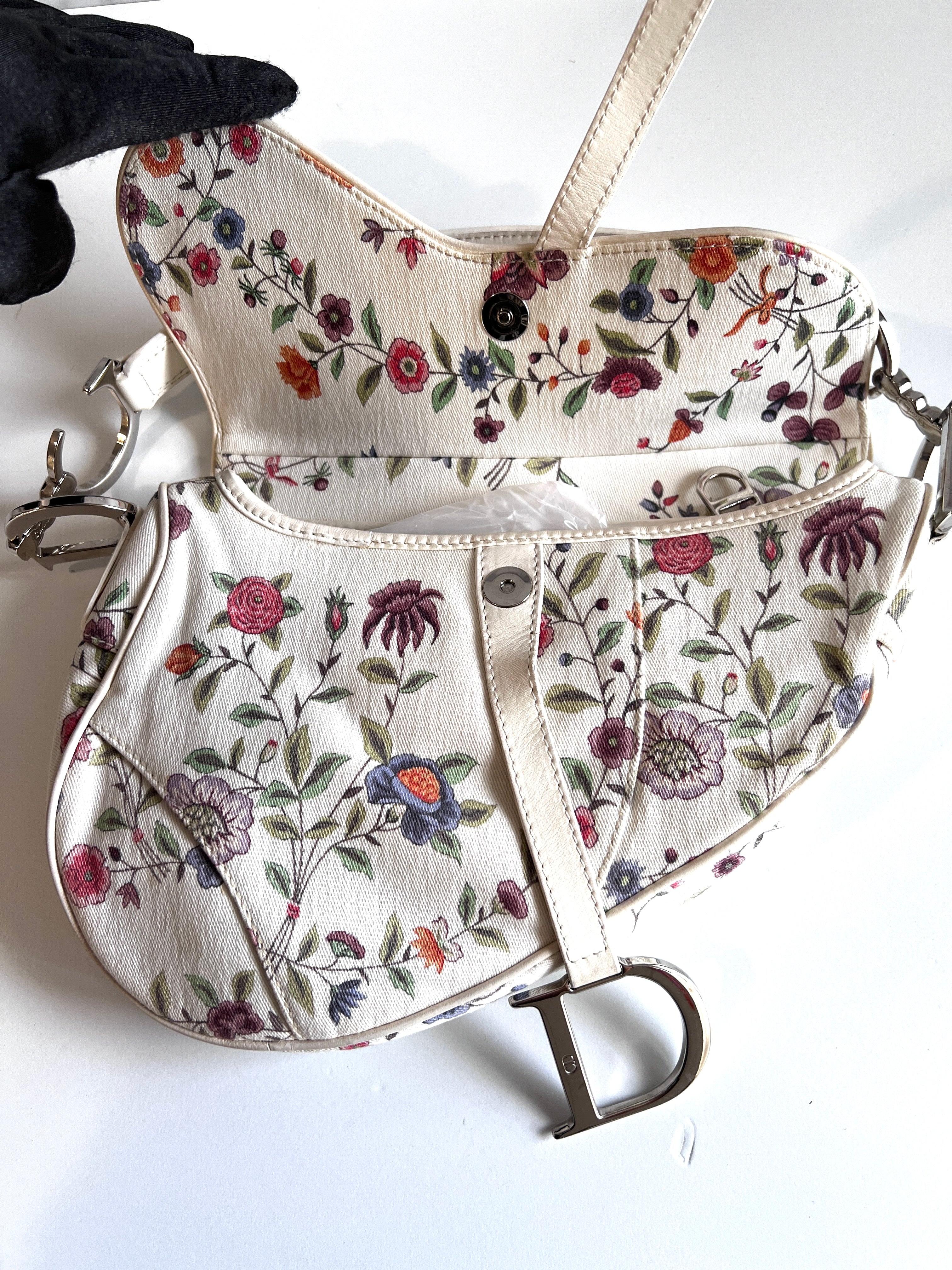 Dior Limited Edition White Floral Canvas Saddle Bag – Luxury Designer Handbag for Women, Perfect for Parties, Weddings & Everyday Elegance