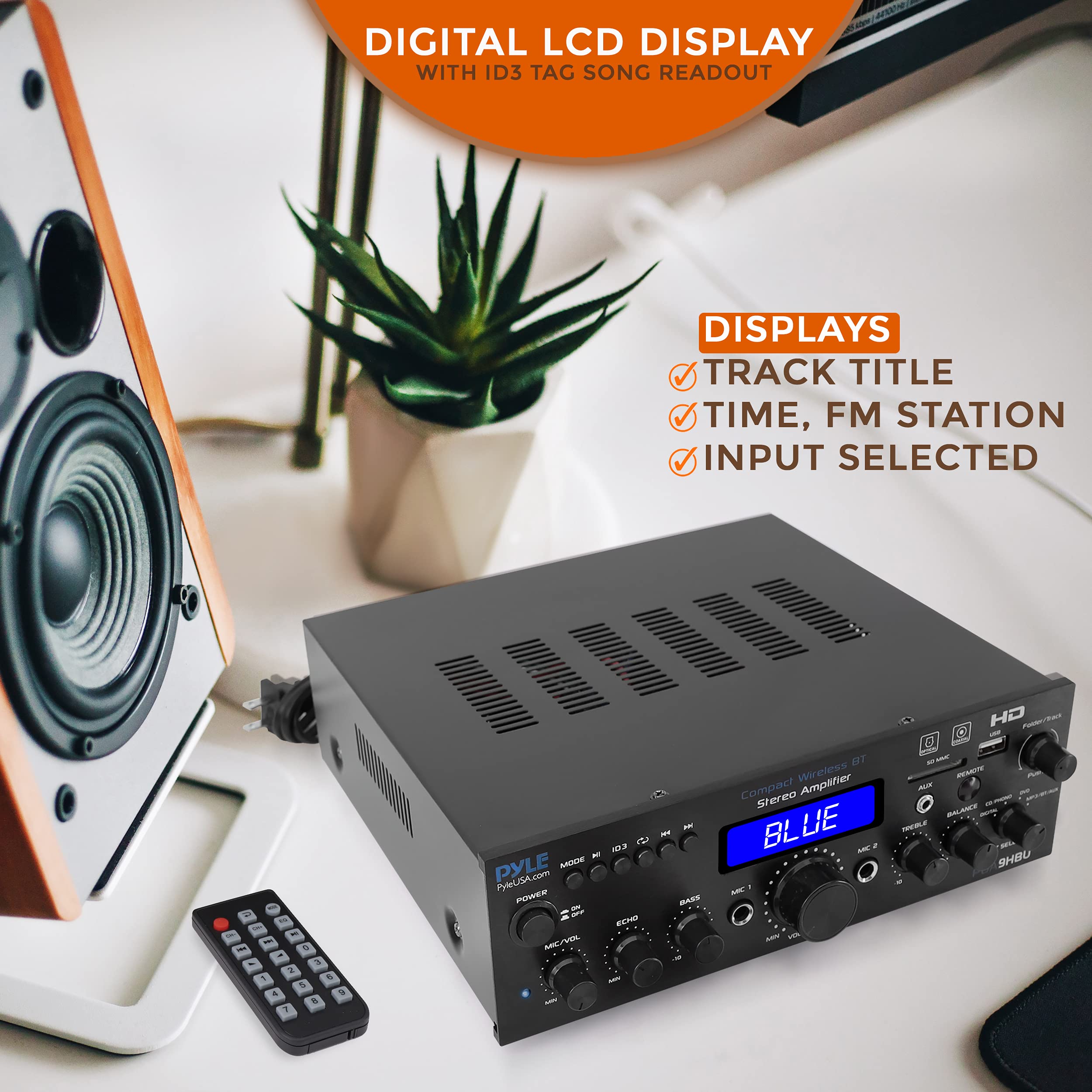 Pyle Wireless Bluetooth Home Stereo Amplifier - 200W Multi-Channel Power Amplifier Audio Receiver with HDMI, Optical/Phono/Coaxial, FM Radio, USB/SD, AUX, RCA & Mic Inputs - Remote Control - PDA9HBU - Perfect for Home Theater, Karaoke & Music Streaming Systems