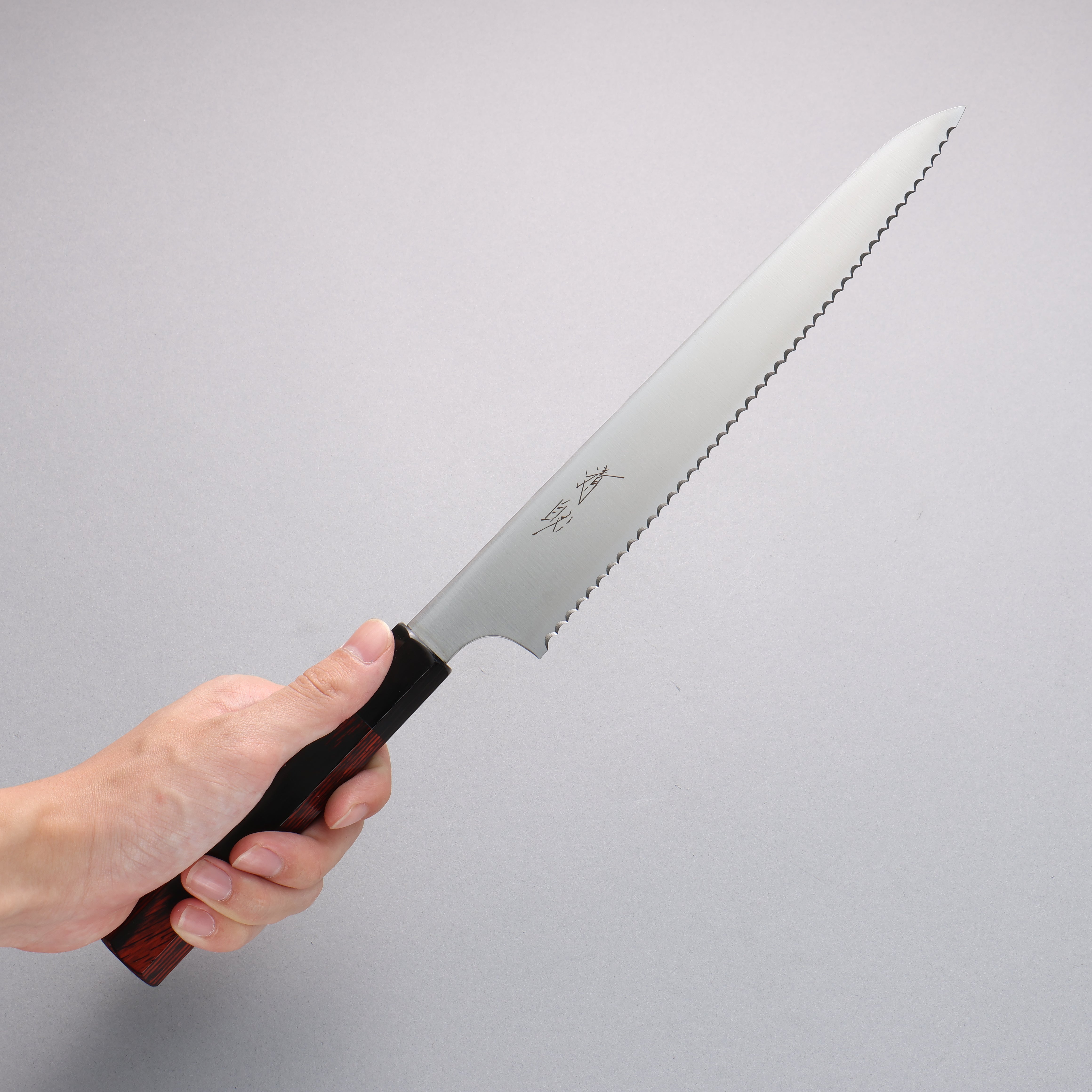 Seisuke 240mm Stainless Steel Bread Knife with Red Pakka Wood Handle - Perfect for Slicing Bread, Cake, and Pastries at Home or Bakery