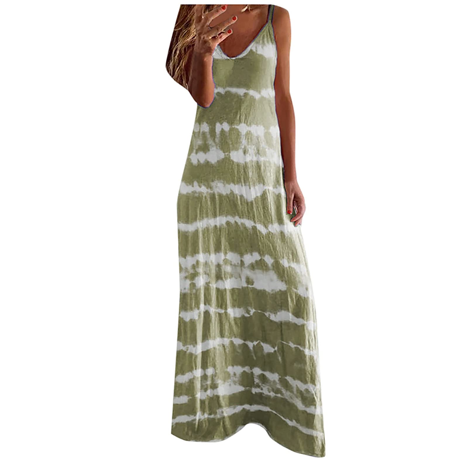 Women's Tie Dye Summer Dresses - Loose Fitting Spaghetti Strap Sleeveless V-Neck Sundress for Beach, Vacation & Casual Wear