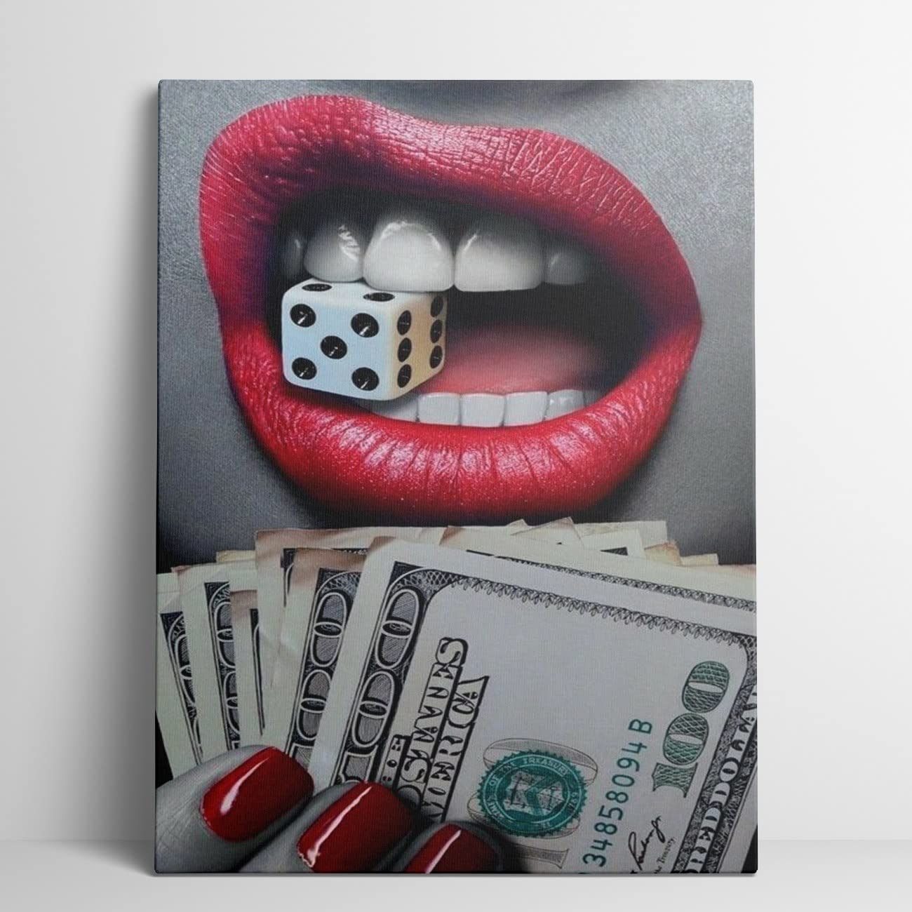 Vintage Money Wall Art Canvas Print - Red Lips with $100 Bill Design, Framed Poster 28x40 Inches, Unique Home & Office Decor for Men - Perfect Gift for Bedroom, Living Room, or Man Cave