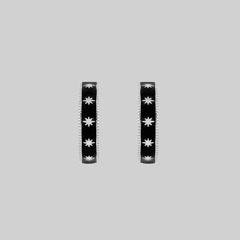 VYVIAN Tiny Stars Black Enamel Hoop Earrings for Women - Sterling Silver Dainty Jewelry - Perfect for Everyday Wear, Date Night & Gift Giving