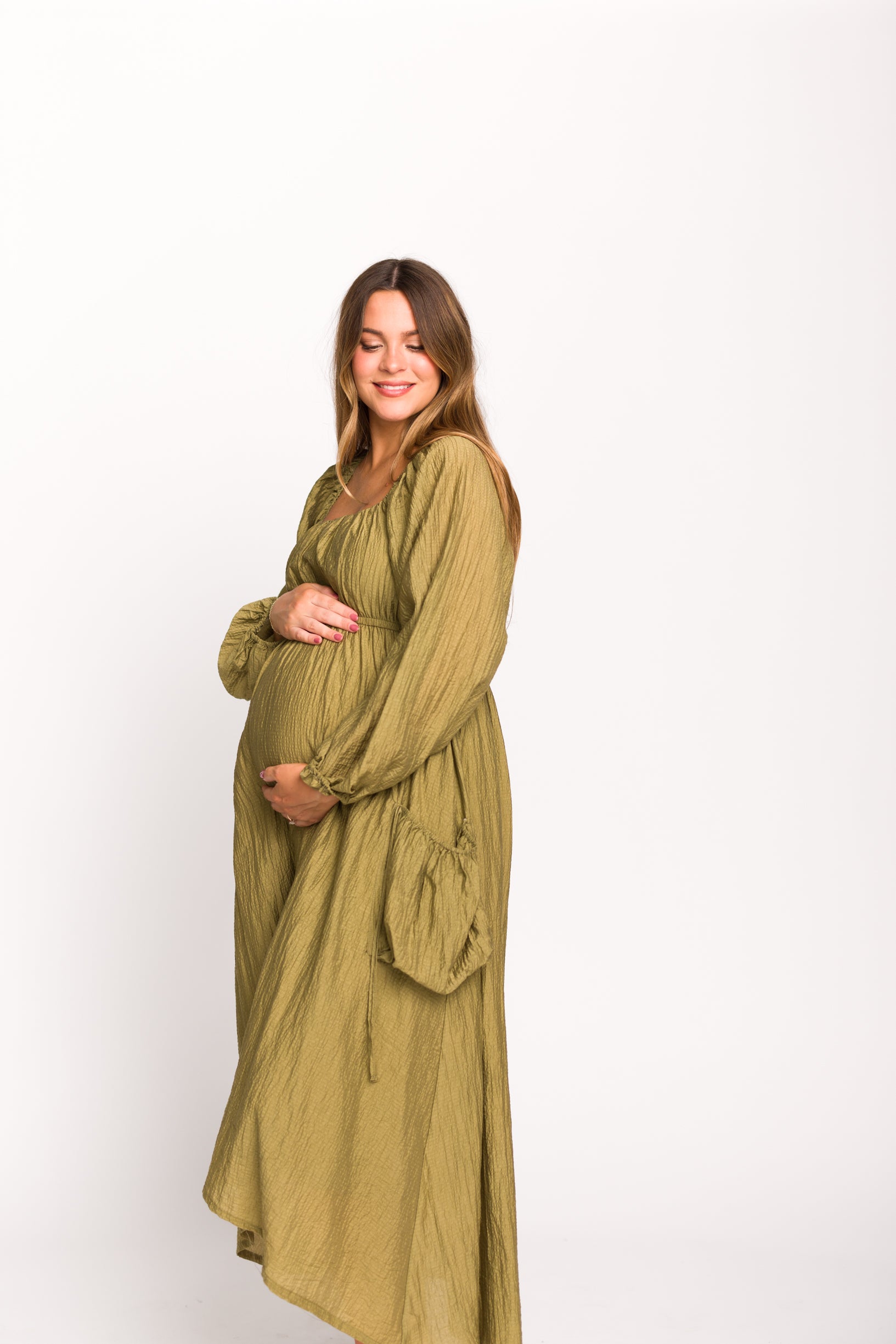 Ariana Women's Olive Long Sleeve Maxi Dress with Slouchy Pocket - Elegant Boho Style for Casual Wear, Date Night & Fall Fashion