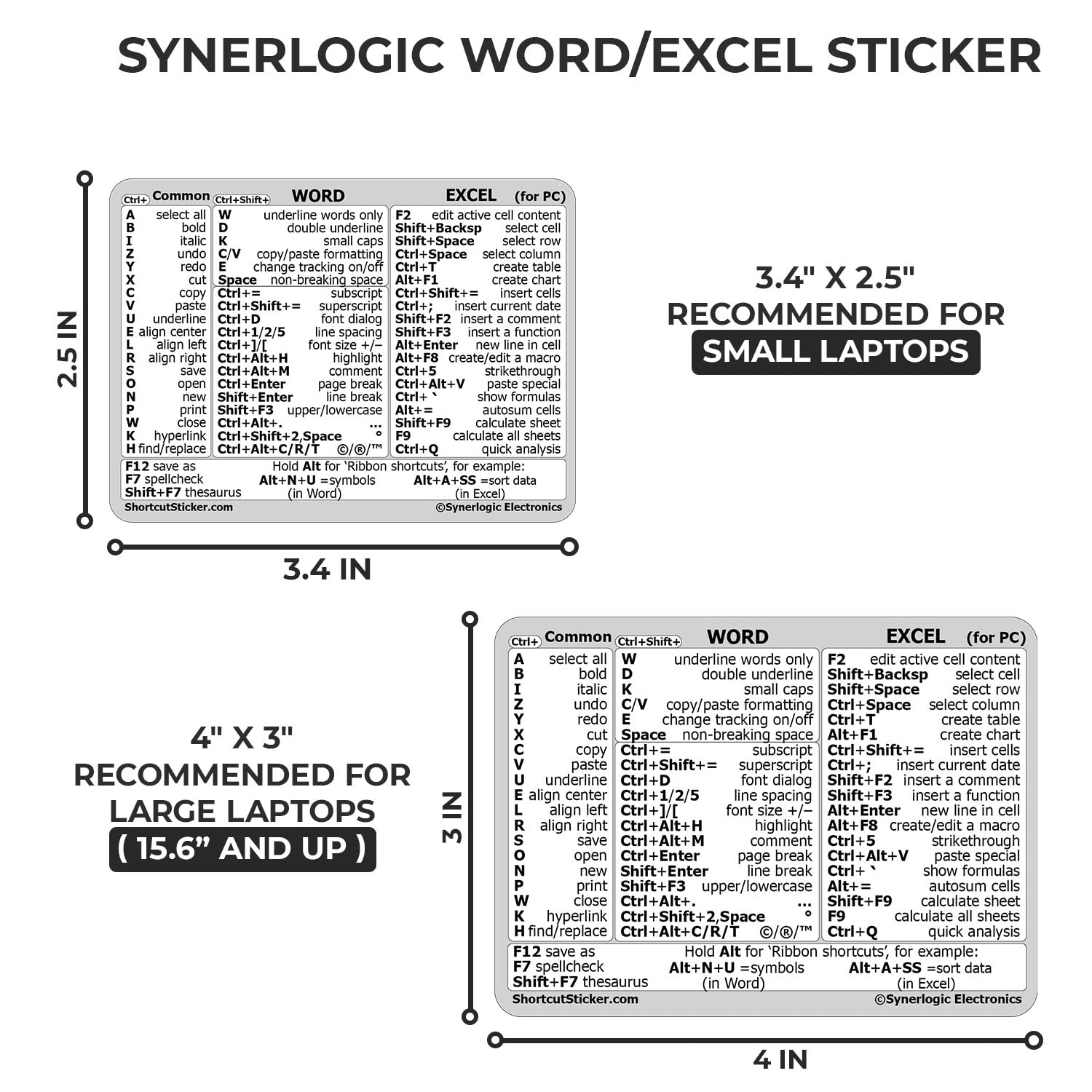SYNERLOGIC Microsoft Word/Excel Windows 键盘快捷键贴纸 - 无残留乙烯基材质，白色小号，适合办公学习高效操作