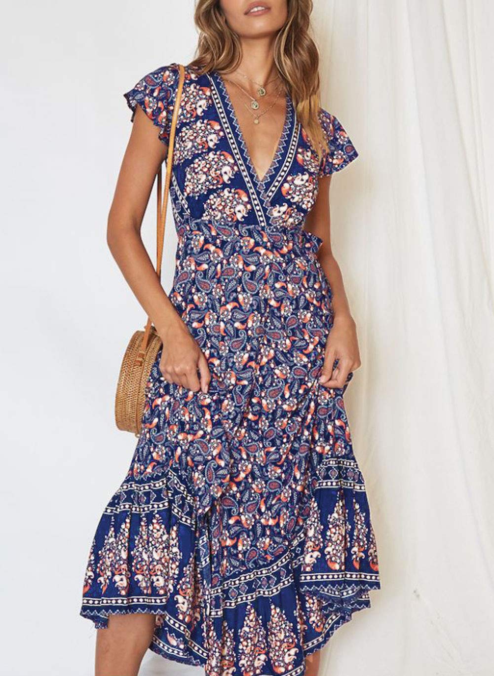 ZESICA Women's 2025 Bohemian Floral Print Wrap V-Neck Short Sleeve Maxi Dress with Side Slit for Beach Party, Summer Vacation & Casual Outings