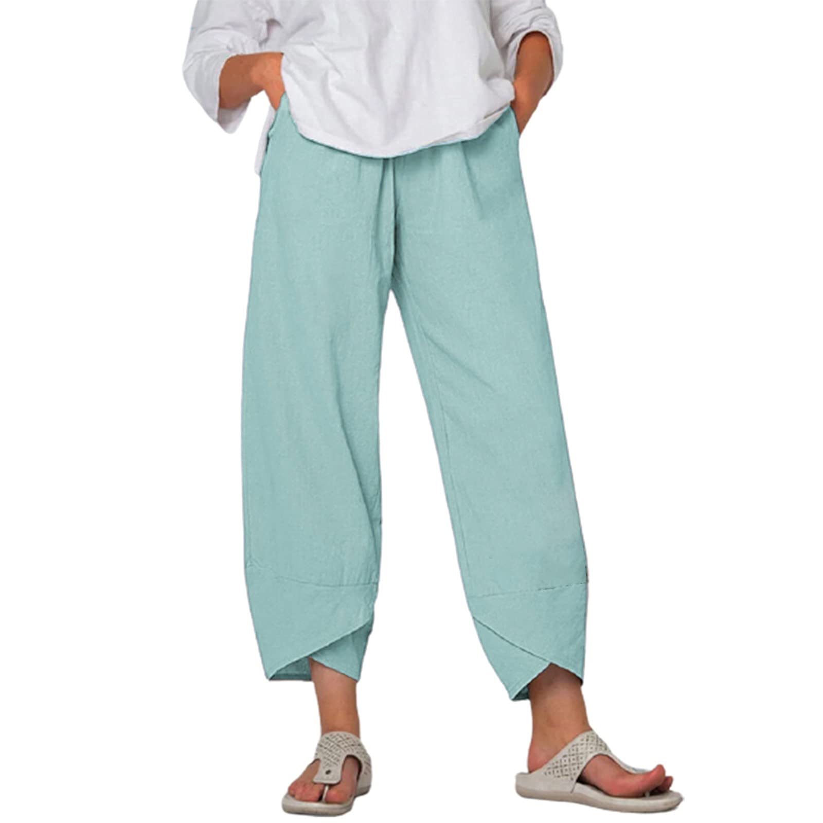 Women's Capri Pants - Casual Summer Cotton Linen Cropped Pants with Pockets, Loose Harem Yoga Pants for Women, Comfortable Printed Trousers | Perfect for Yoga, Beach, Travel and Everyday Wear