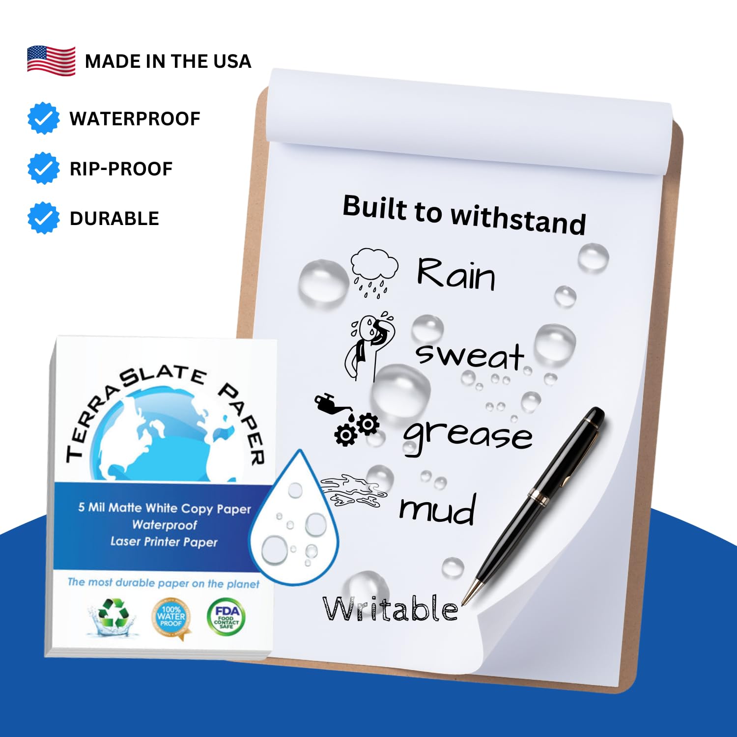 TerraSlate Premium Waterproof Paper - 5 MIL 8.5” x 11” White Laser Printer Paper, 100 Sheets - Weatherproof & Tear-Resistant Copy Paper for Outdoor Use, Rainproof Documents, Marine Charts & Construction Plans