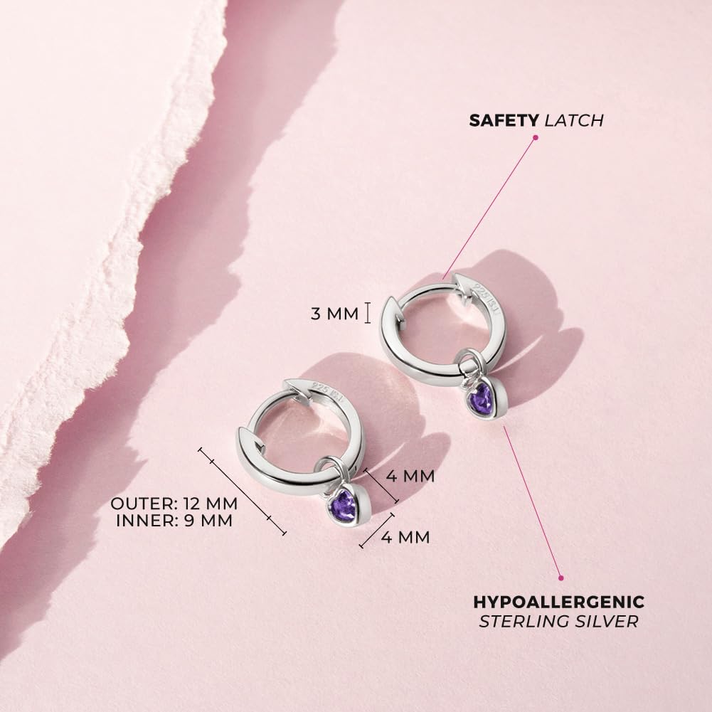 925 Sterling Silver Petite Simulated Birthstone Heart Charm Hoop Earrings for Girls 12mm - Cubic Zirconia Stud Earrings - Dainty Birthstone Jewelry for Teens - Perfect for Birthdays, Gifts & Everyday Wear