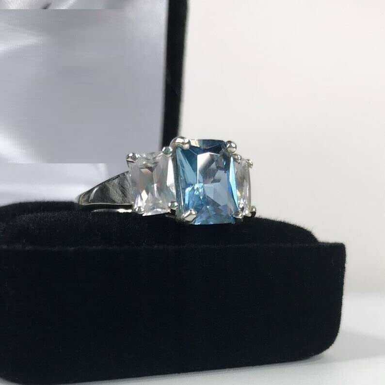 2.5ct London Blue Topaz Engagement Ring for Women - Radiant Cut Trilogy Setting, White Gold Plated | Perfect for Proposals, Anniversaries & Special Occasions