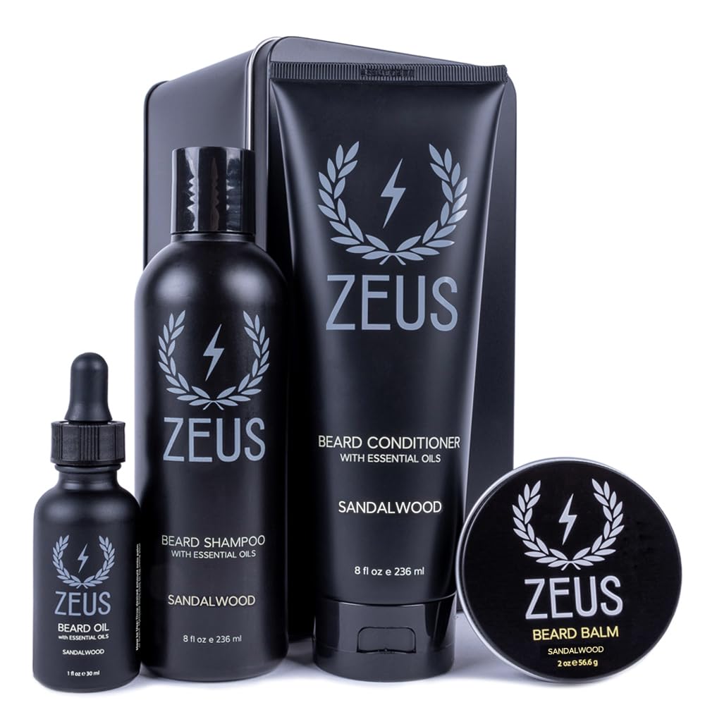 ZEUS Premium Beard Care Kit with Tin Gift Box – Natural Sandalwood Beard Oil, Balm, Wash & Conditioner for Men – Perfect for Daily Grooming & Travel