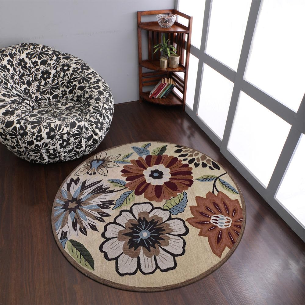 Hand Tufted Wool Eco-Friendly Round Area Rug 8'x8' - Cream Floral Modern Design, High Pile Thick Non-Slip Handmade Rug for Living Room, Bedroom, Nursery & Home Decor (K03066)