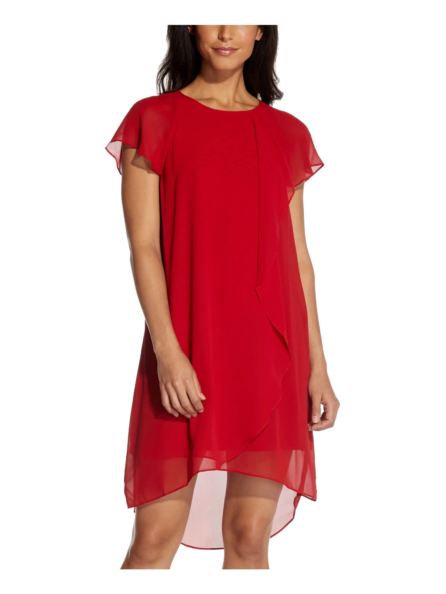 Adrianna Papell Women's Chiffon Cascade Trapeze Dress - Flowy A-Line Midi Dress with V-Neck & Sleeveless Design in Chili Pepper Red (Size XS) | Perfect for Weddings, Parties & Special Occasions
