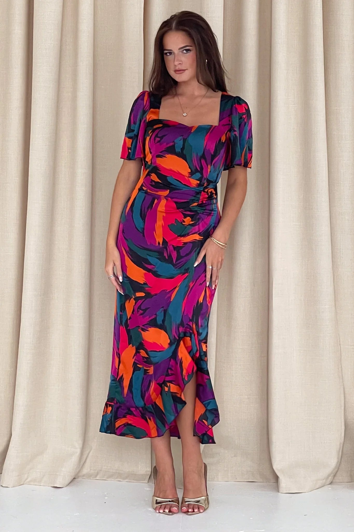 Heidi Ruched Midi Dress - Flowy Abstract Print Summer Dress for Women | Perfect for Beach Vacations, Date Nights & Cocktail Parties