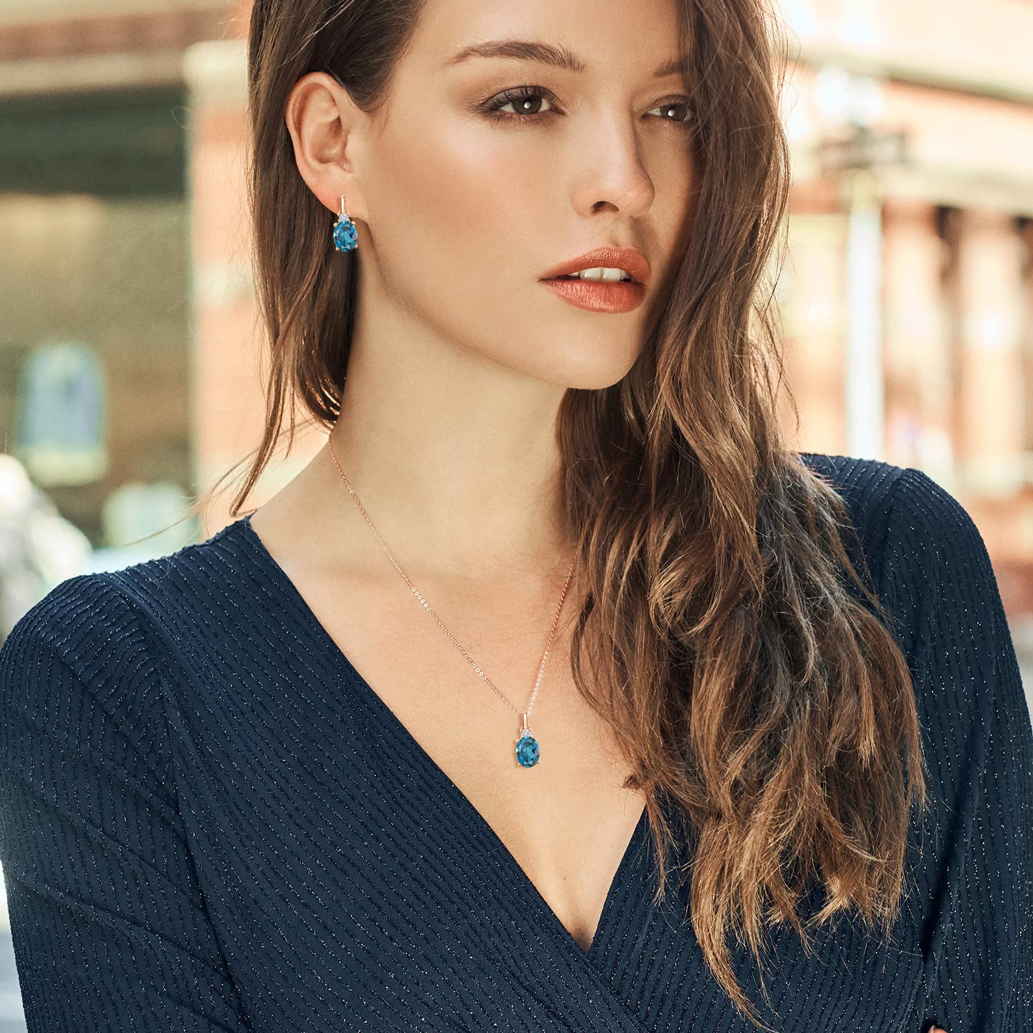 18K Rose Gold Plated Silver Pendant & Earrings Set with Oval London Blue Topaz and Moissanite (6.95 Cttw) - Gem Stone King | Elegant Jewelry for Weddings, Anniversaries & Special Occasions