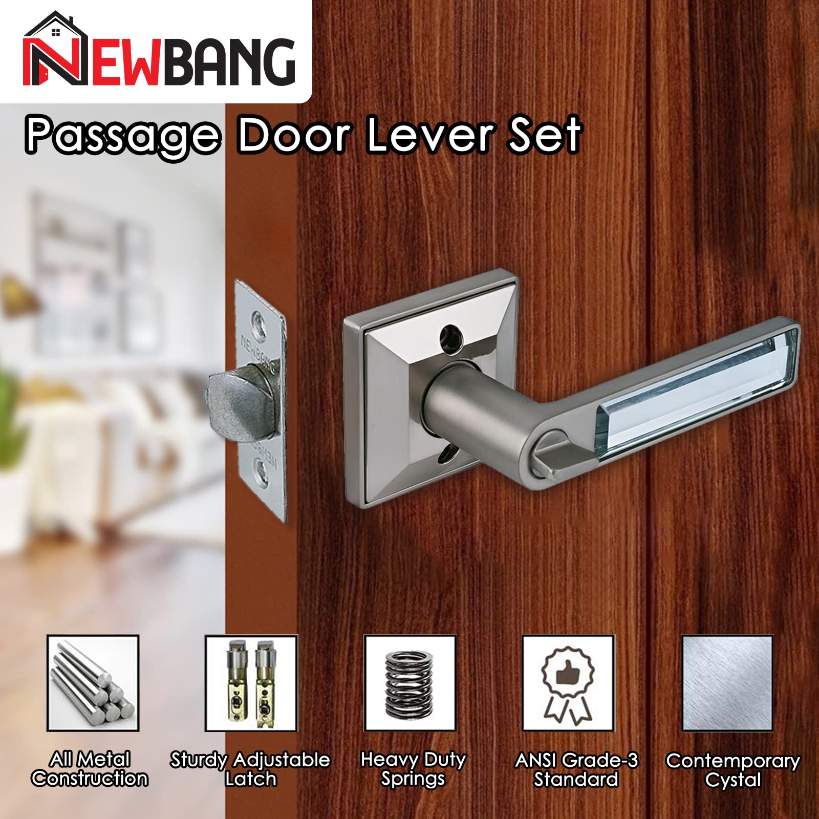 Heavy Duty Hall & Closet Door Lock with Glass Crystal Handle - Brushed Nickel Finish for Interior Passage Doors | Secure Bedroom, Bathroom & Kids Room Safety