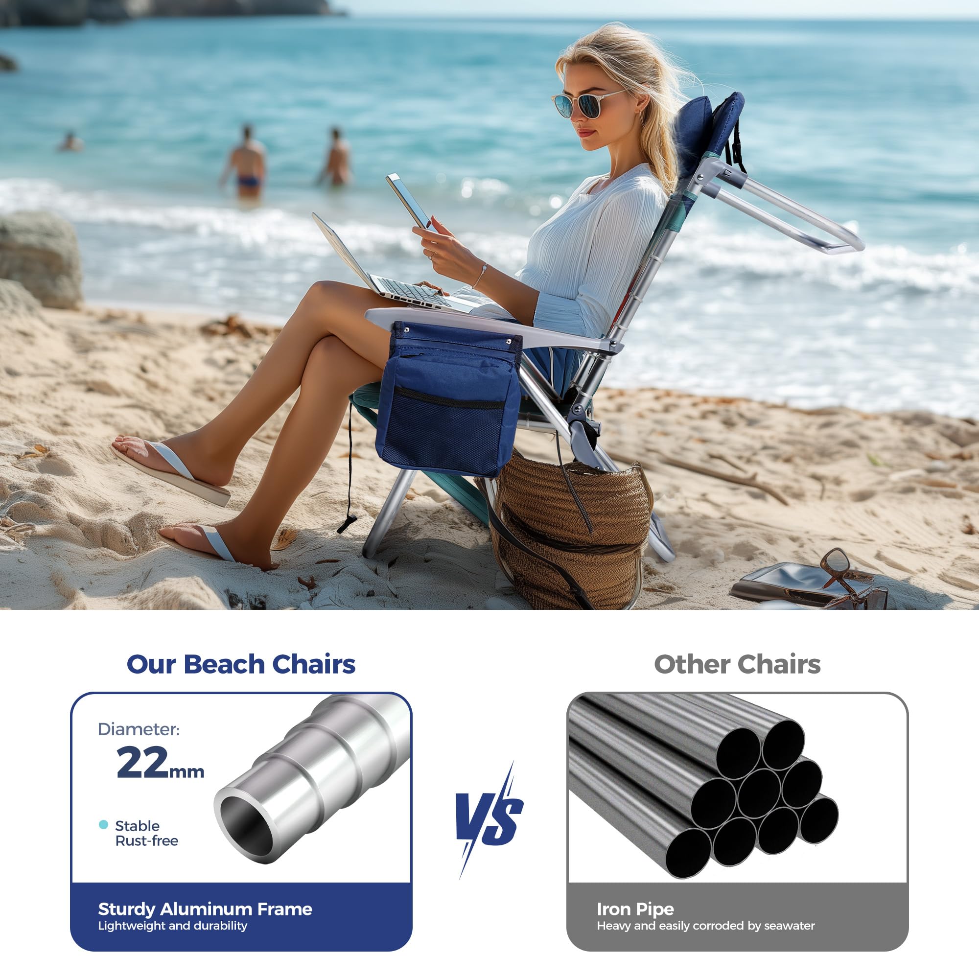 ALPHA CAMP 2-Pack Beach Chairs with Cooler Bag - 4-Position Adjustable Folding Lounge Chairs with Backpack Straps, Supports 250LBS - Portable for Beach, Camping, Poolside & Outdoor Relaxation (Sky Blue)