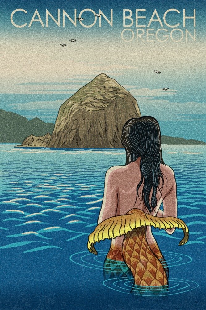 Oregon Cannon Beach Mermaid Japanese Woodblock Art Print - 24x36 Signed Masterpiece, Coastal Wall Decor for Living Room & Bedroom