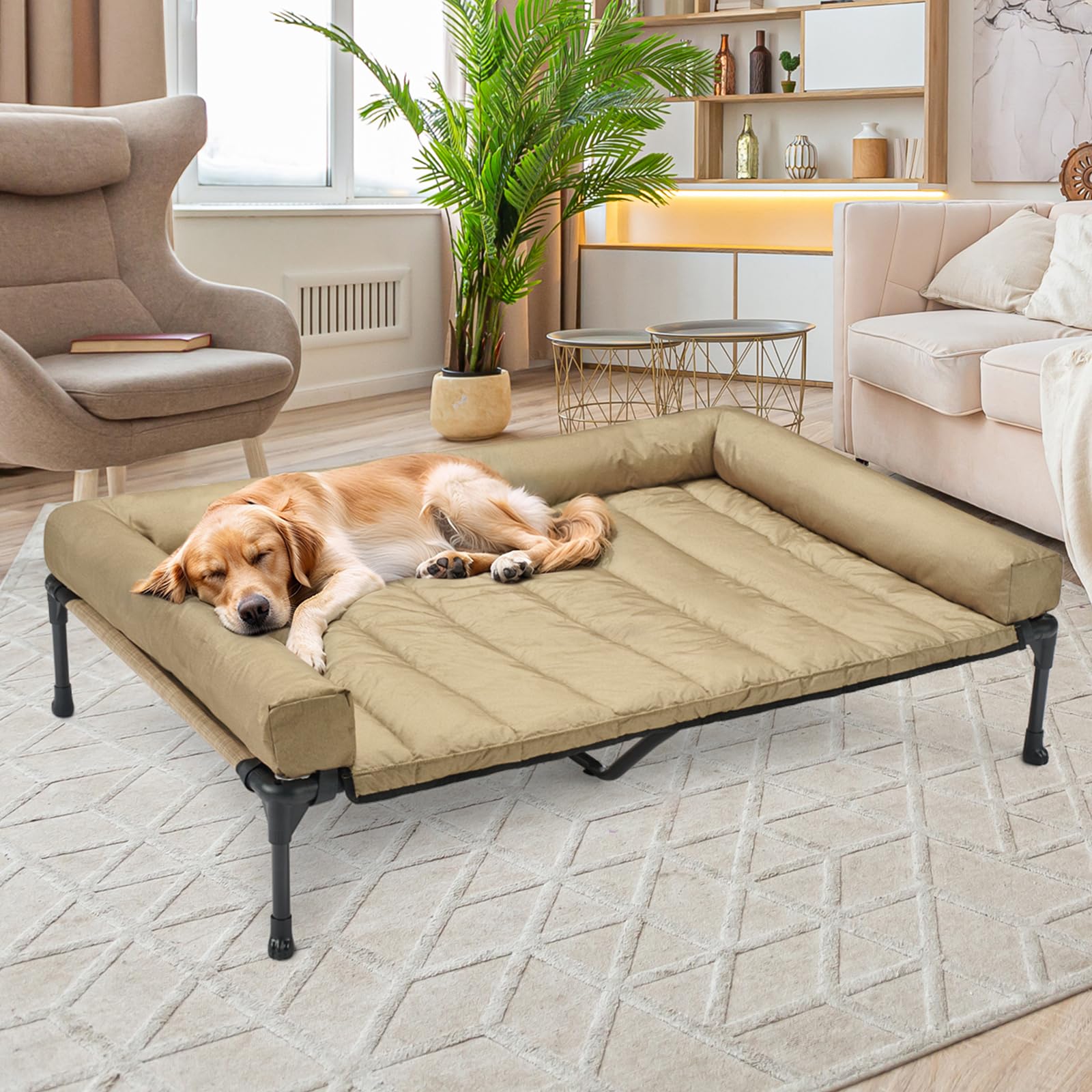 Veehoo Cooling Elevated Dog Bed with Removable Waterproof Bolster Cushion - Breathable Mesh Pet Cot with Non-Slip Feet for Indoor & Outdoor Use - 59x37.5 Inch Beige Dog Couch (CWC2331B) - Perfect for Hot Weather, Patio Lounging & Kennel Comfort