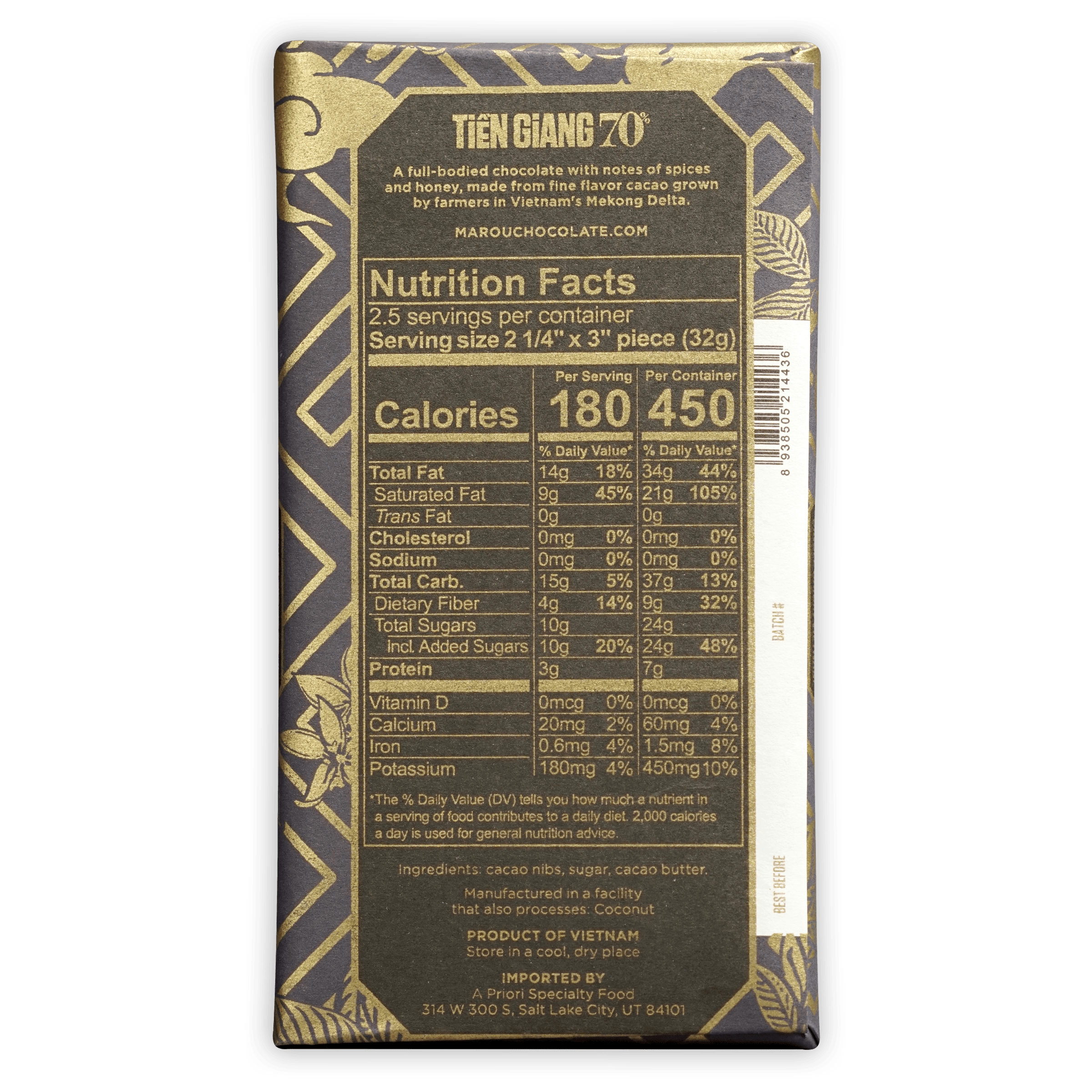 Premium Marou Tien Giang 70% Dark Chocolate Bar - Single Origin Vietnamese Cocoa - Gourmet Baking & Dessert Ingredient - Perfect for Gifts, Cooking, and Special Occasions