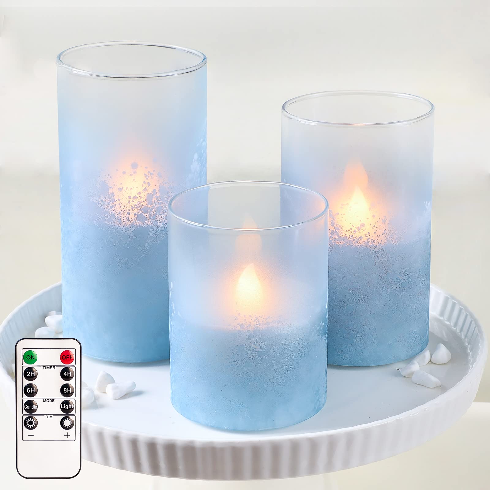 Blue Glass Flameless LED Candles with Sandblast Design - Battery Operated with Remote & Timer - Perfect for Coastal, Birthday, Home, Bathroom, Nautical & Beach Decor - Romantic Ambiance for Weddings, Dinners & Relaxing Baths