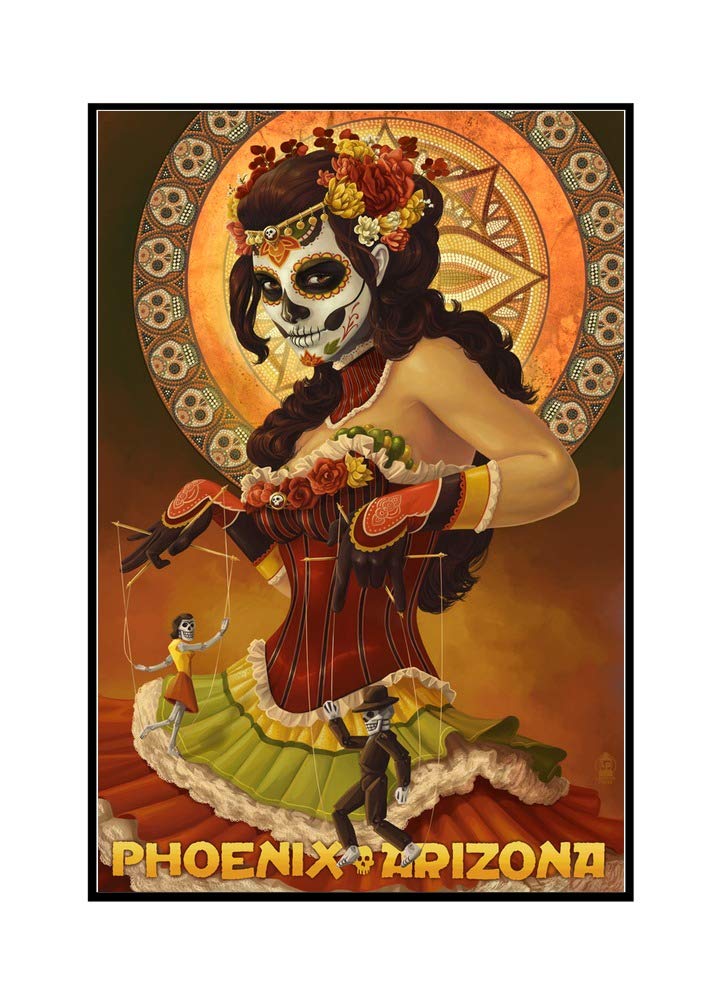 Day of the Dead Marionettes Wall Art - 24x36 Framed Gallery Wrapped Canvas Print - Mexican Folk Art Decor for Halloween, Dia de Muertos - Perfect for Living Room, Bedroom or Office Decor
