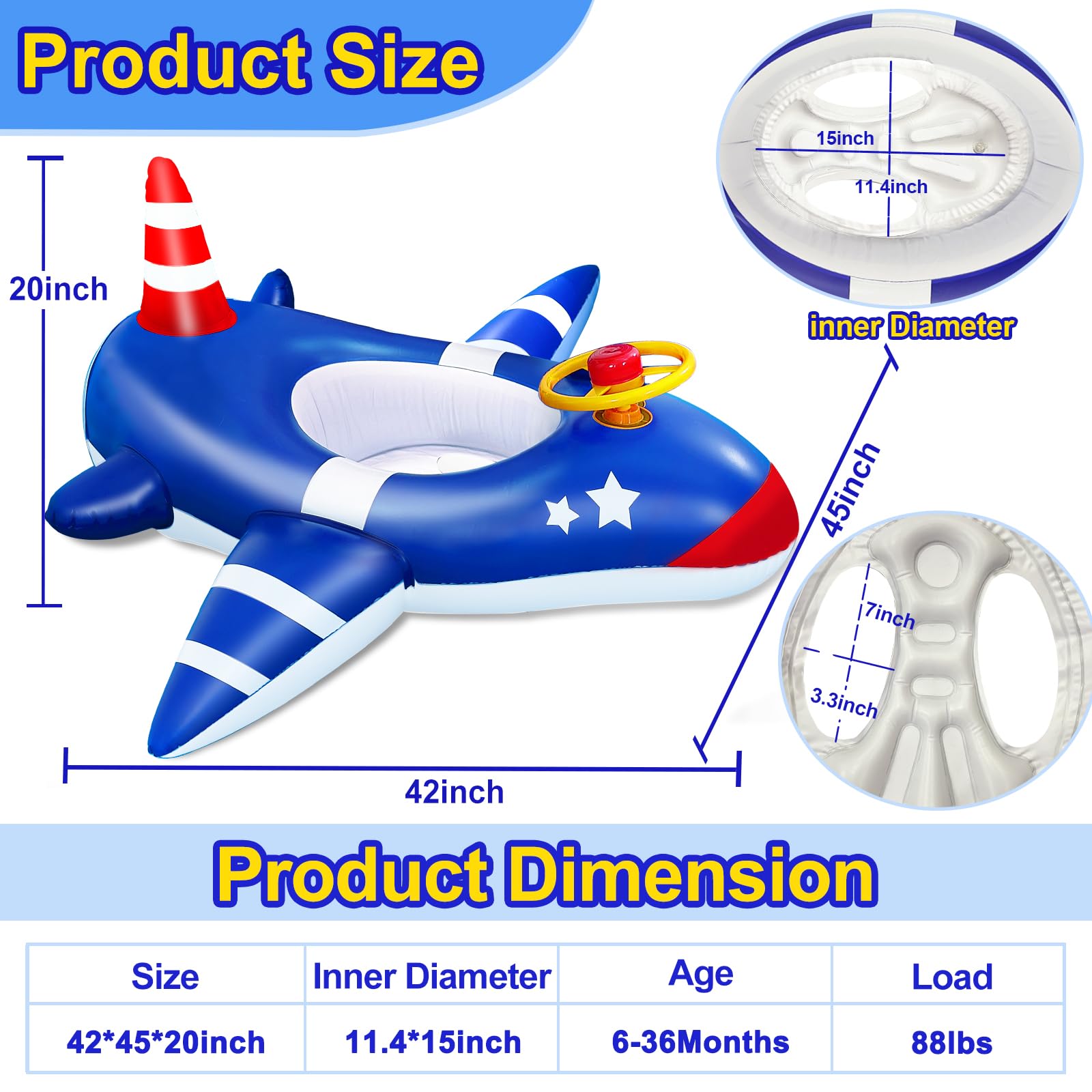 AMENON Toddler Pool Float with Safety Seat & Backrest - Large American Flag Airplane Design for Kids Age 1-4 | Summer Swimming, Beach & Pool Toys | Perfect for Water Play, Backyard Pools & Family Vacations