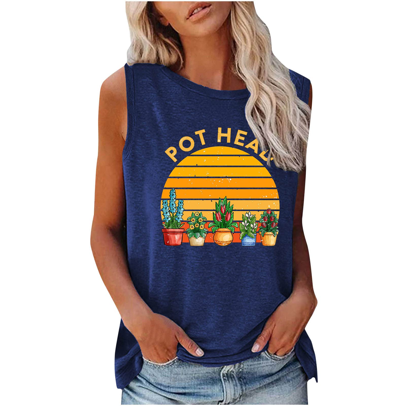 PIMOXV Women's Hawaiian Pineapple Graphic Tank Tops - Sleeveless Summer Crew Neck Tee for Beach Vacation, Pool Party & Casual Outfits