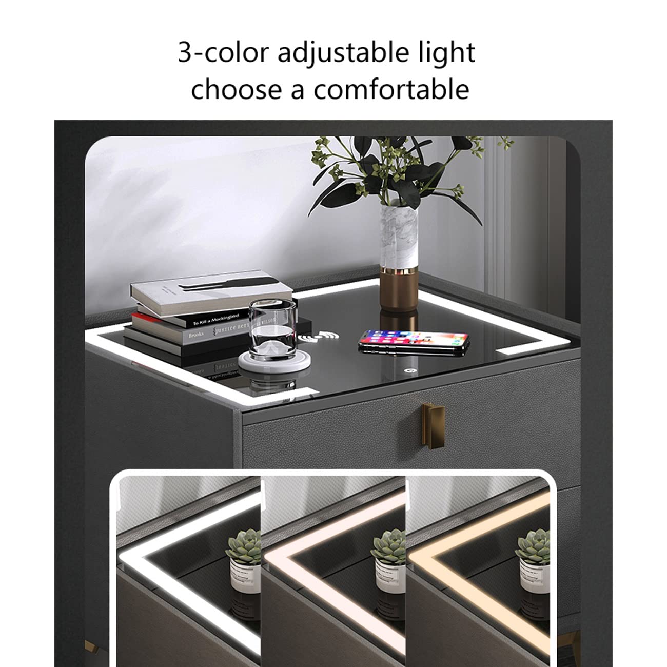 AVLUZ Modern Nightstand with USB Charging Station & LED Lights, 2-Drawer Bedside Table with 3 Adjustable Lighting Modes, Compact Storage Cabinet for Bedroom - Orange | Perfect for Small Spaces, Apartment Living & Guest Rooms