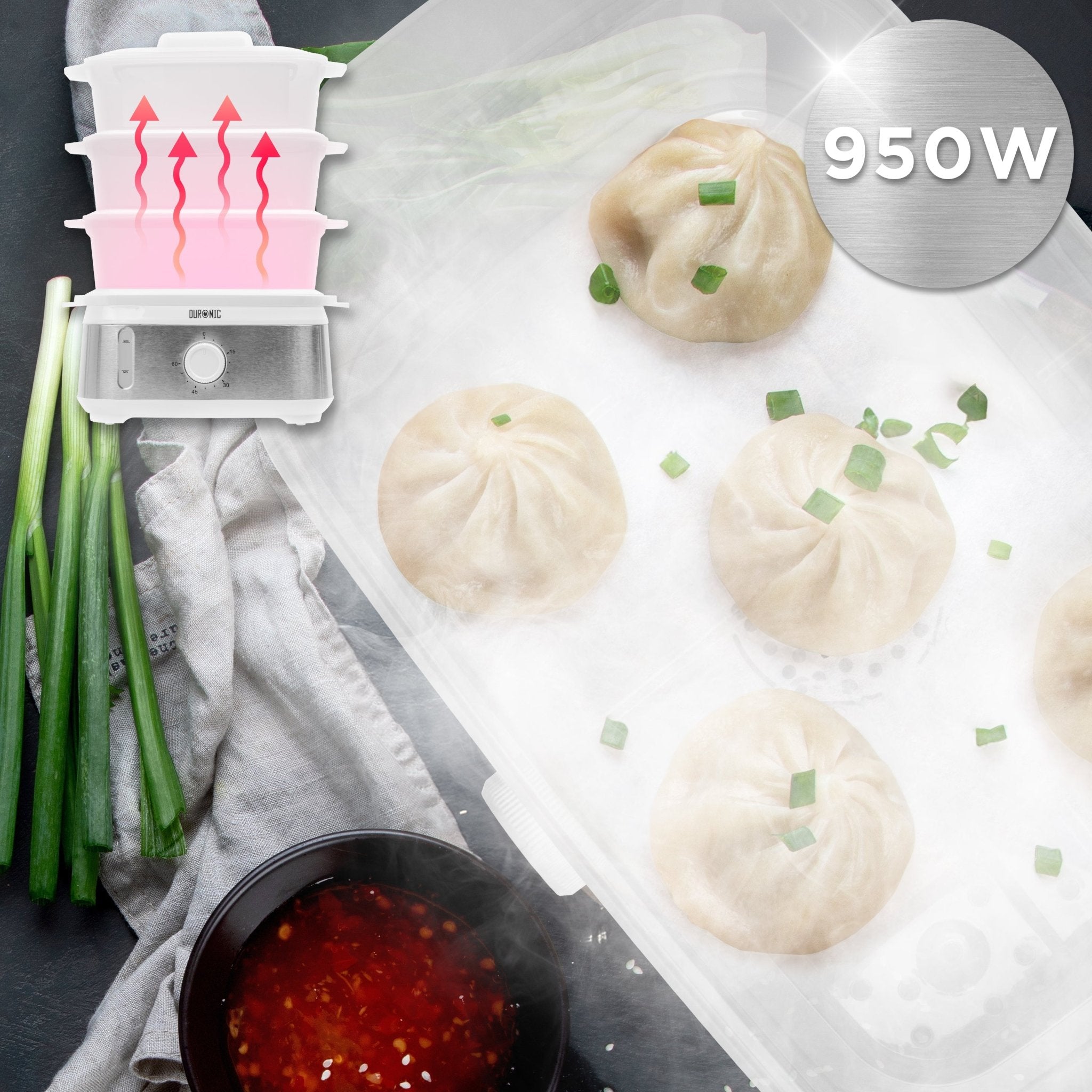 Duronic FS95 3-Tier Electric Food Steamer - 9L Capacity for Vegetables, Rice, Meat, Dumplings & Fish - Healthy Cooking Steamer for Baby Food, Eggs & More - Perfect for Meal Prep & Healthy Eating at Home