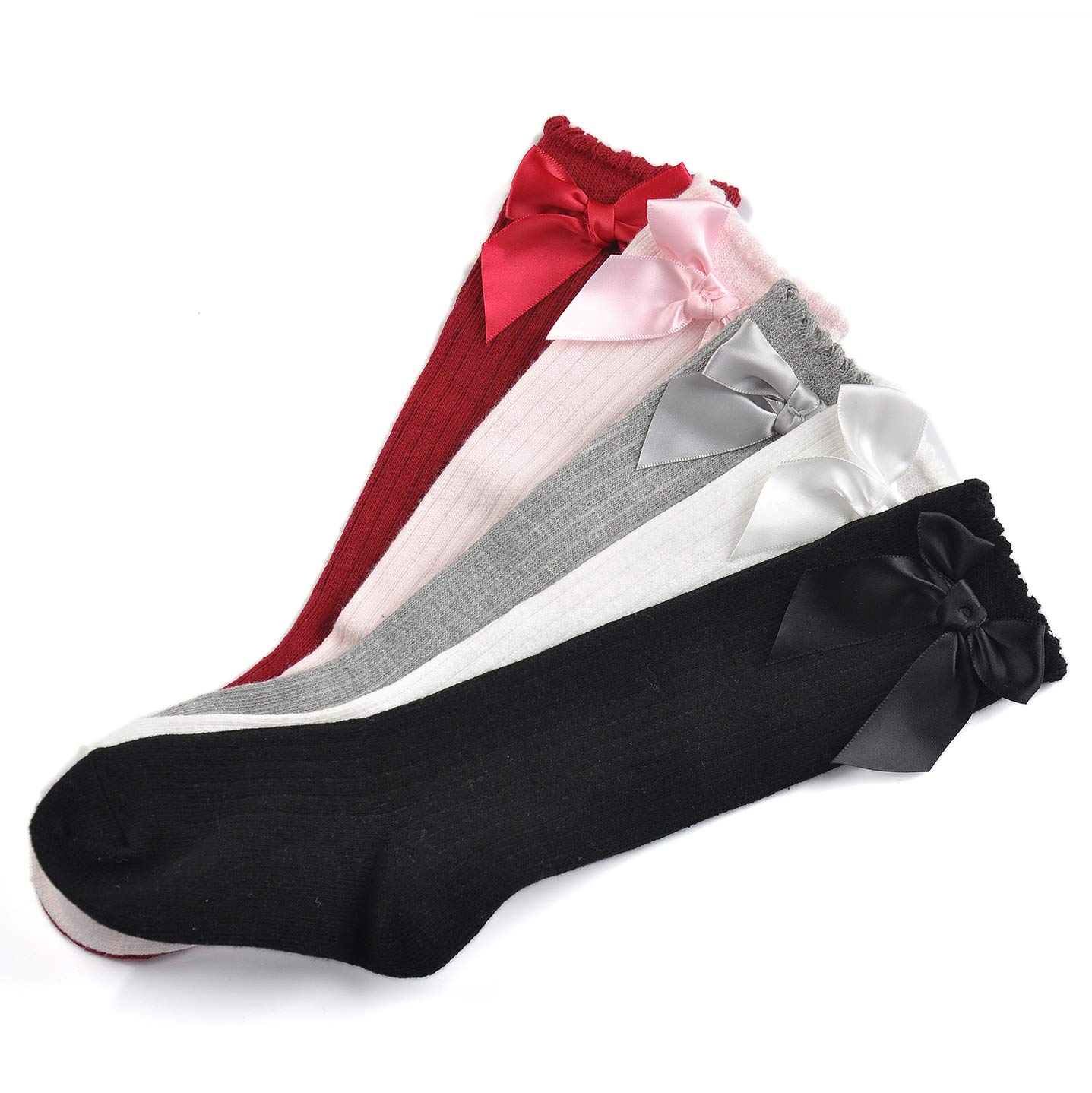EPEIUS Baby Girls Knee High Cotton Socks - Soft Uniform Tube Socks with Ruffled Trim for Newborn, Infant & Toddler (Pack of 3/5) - Perfect for School, Dress-Up & Everyday Wear