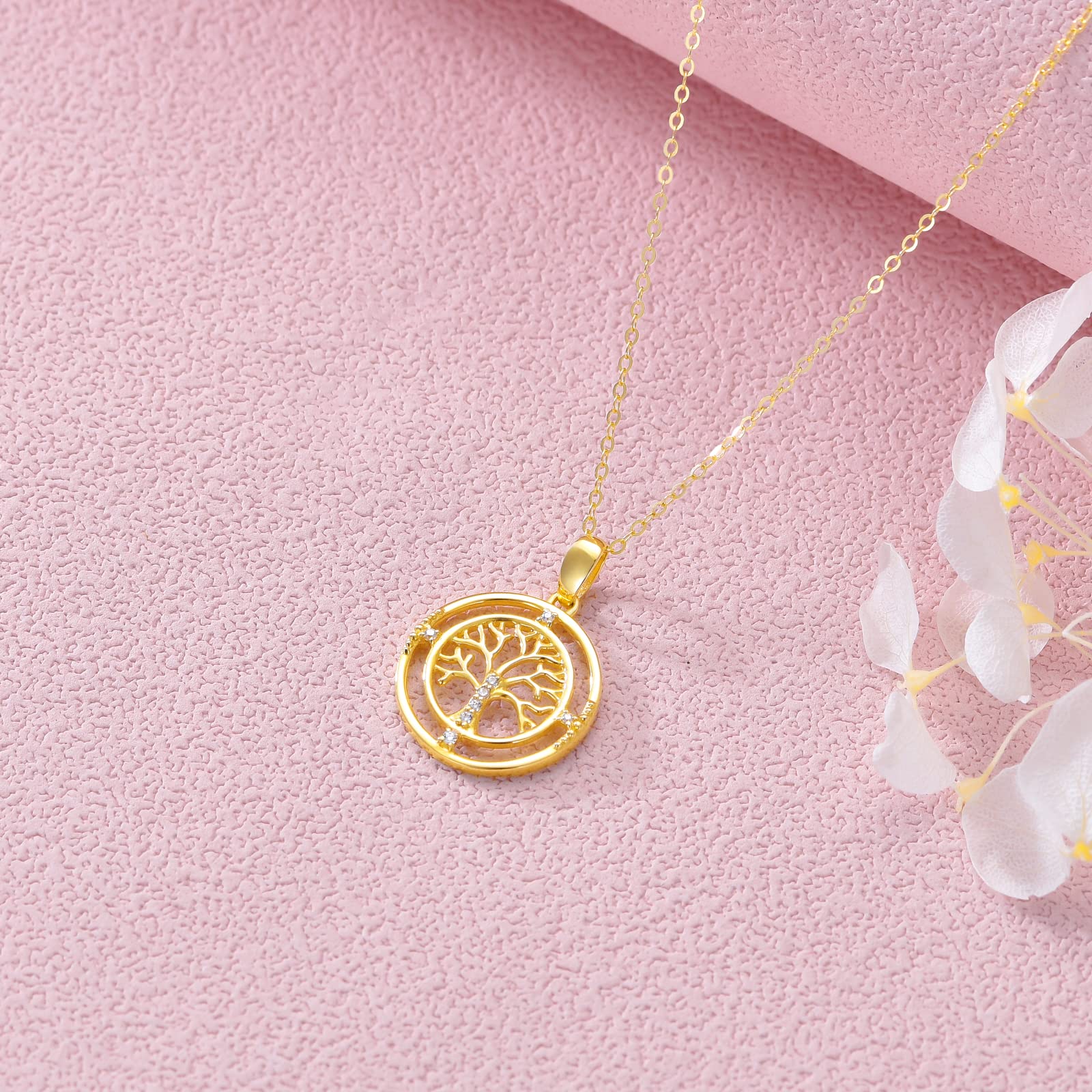 14K Real Gold Tree of Life Necklace for Women - Yellow Gold Family Tree Pendant with Cubic Zirconia - Elegant Jewelry Gift for Birthday, Christmas, Anniversary - 16+1+1 Inch - Perfect for Everyday Wear, Special Occasions & Meaningful Gifts