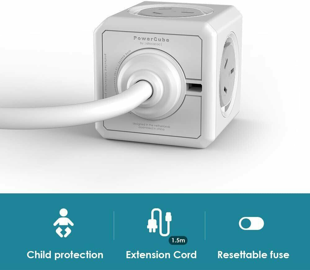 Allocacoc PowerCube with 4 Outlets & 2 USB Ports - 1.5m White Extension Cord for Home, Office, and Travel Charging Needs