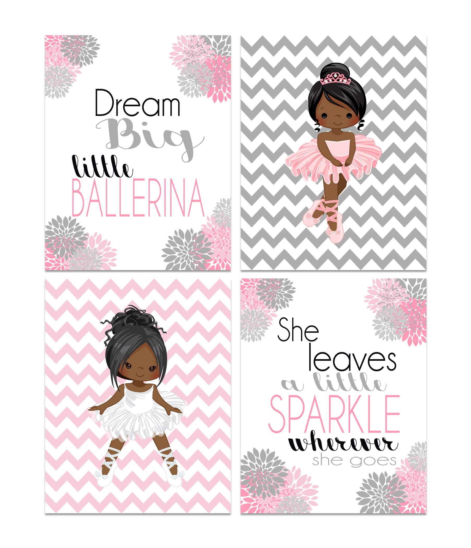 African American Ballerina Motivational Wall Art - Set of 4 Inspirational Prints for Girls Room Decor | 'She Leaves a Little Sparkle' & 'Dream Big' Quotes | Perfect for Nursery, Bedroom & Dance Studio Decor
