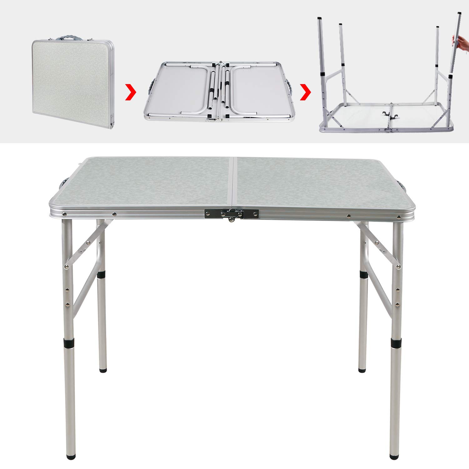 3 FT Lightweight Portable Aluminum Folding Camping Table with Adjustable Legs - Perfect for Outdoor Cooking, Picnics, Camping & Tailgating - Compact & Sturdy White Design