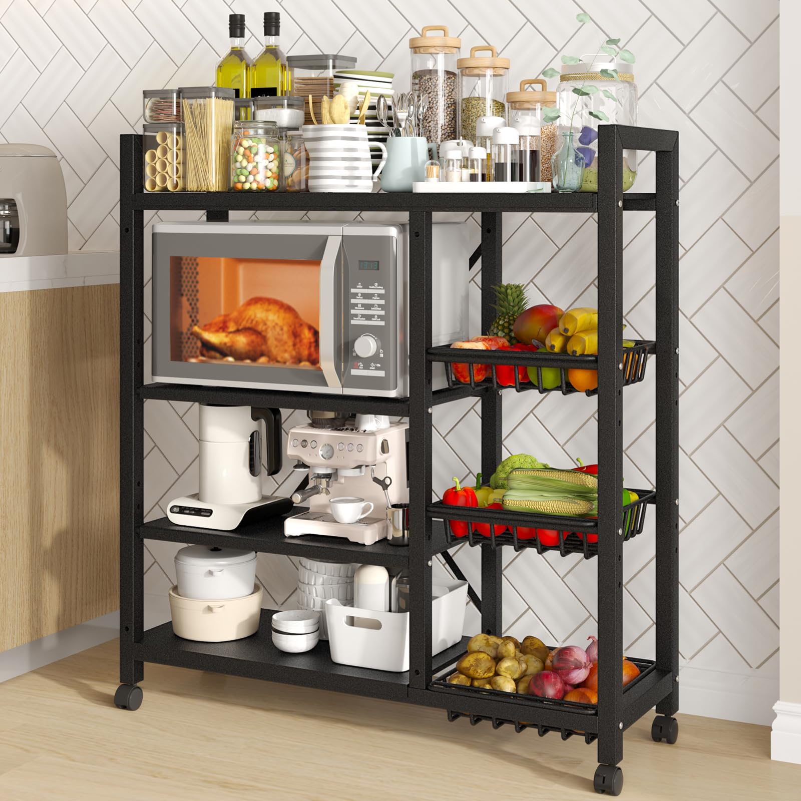 4-Tier Adjustable Metal Storage Shelves with Wheels & 3 Wire Baskets - Heavy Duty Kitchen Organizer for Pantry, Garage, Bathroom, Closet - Perfect Housewarming Gift & Home Organization Solution (Ideal for Small Spaces & DIY Storage)