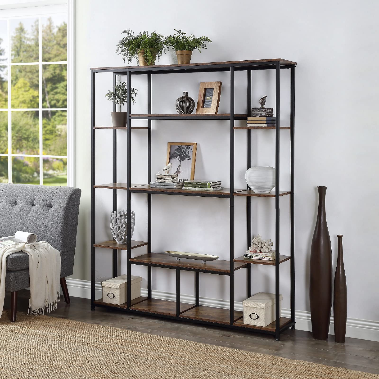 5-Tier Industrial Bookcase - Triple Wide Open Bookshelf for Home Office, Living Room & Bedroom - Rustic Walnut Modern Shelf - Perfect for Organizing Books, Decor & Office Supplies