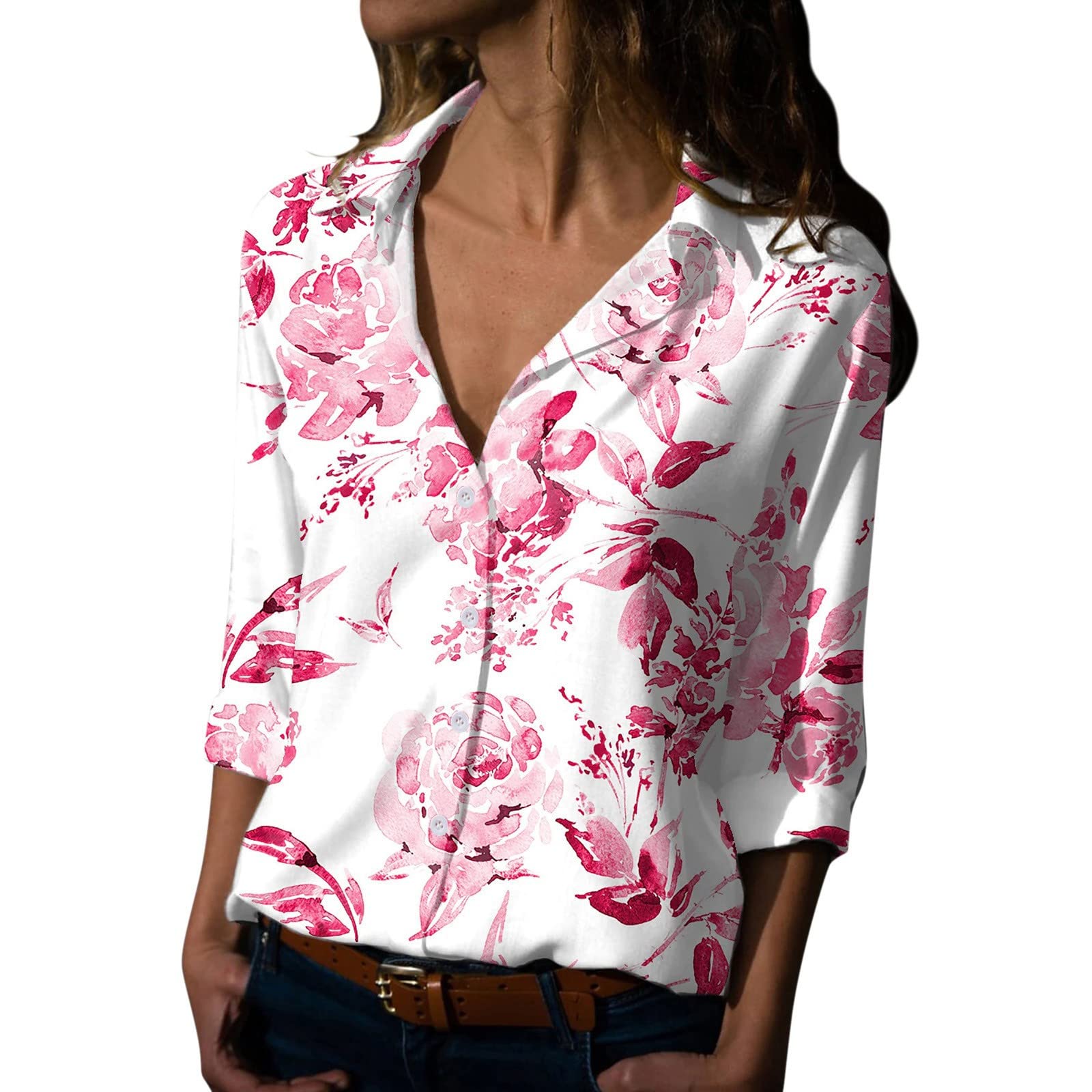 Women's Floral Print V-Neck Long Sleeve Button Down Shirt - Loose Fit Casual Blouse for Summer | Perfect for Office Wear, Date Nights & Outdoor Activities