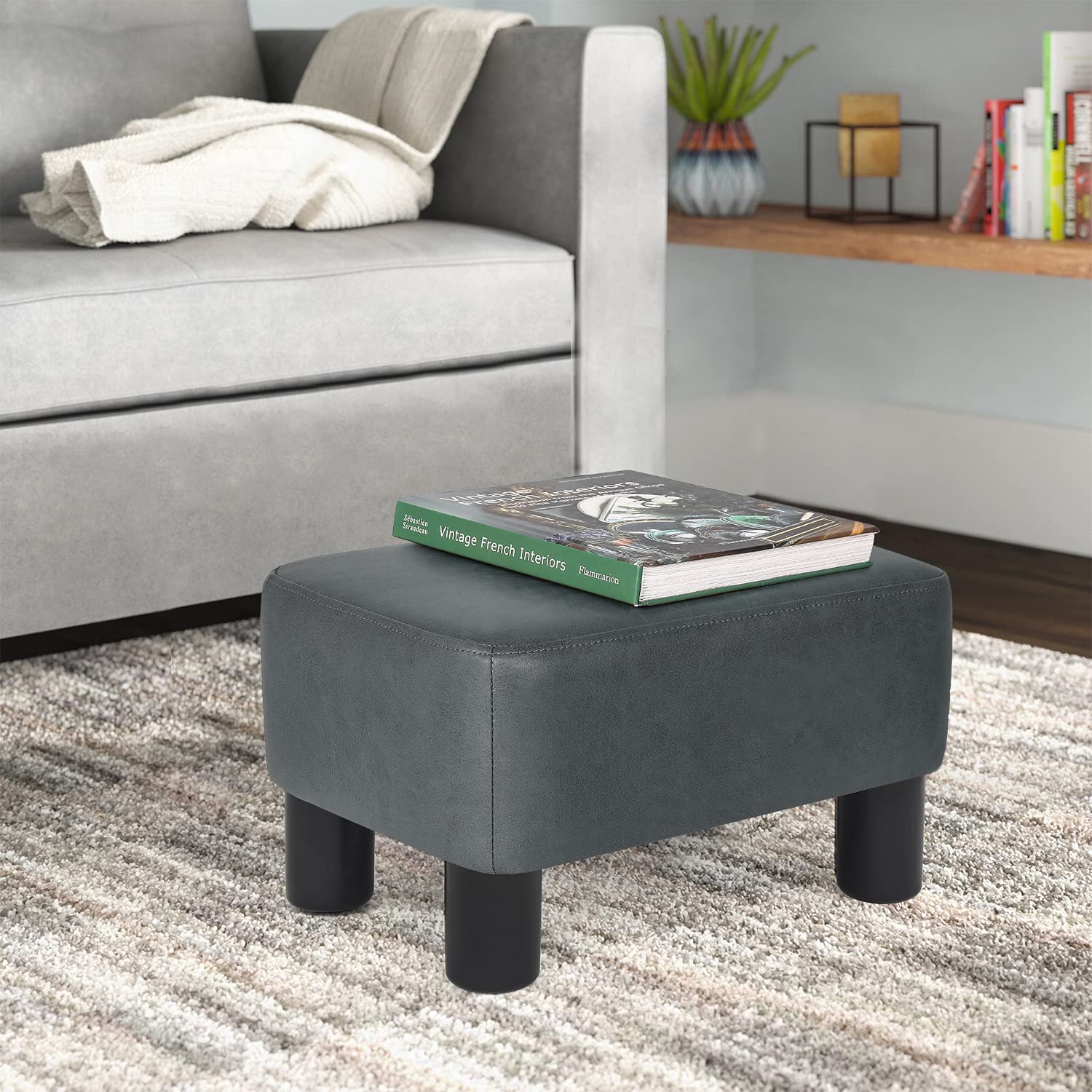 Modern Rectangular Footrest Ottoman - Small Footstool for Living Room, Bedroom & Office - Dark Gray - Ergonomic Support for Relaxing, Reading & Working