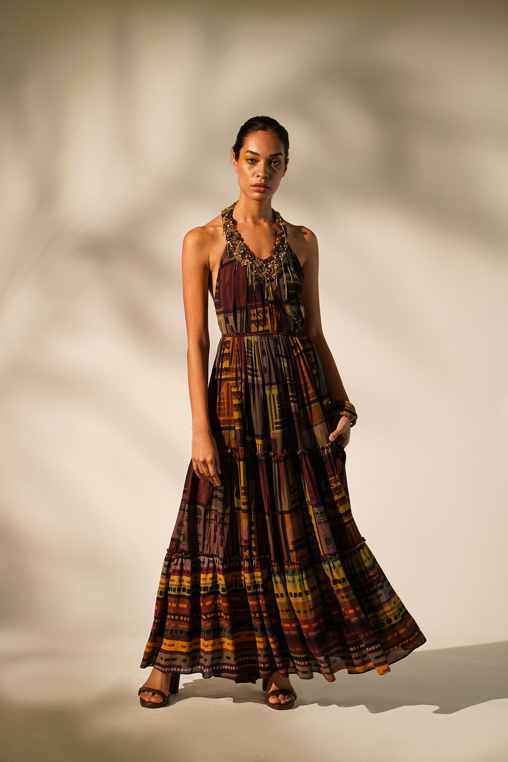 Stylish Multicolor Abstract Print Maxi Dress with Hand Baroque Metallic Embellishment - Perfect for Evening Parties, Weddings & Special Occasions