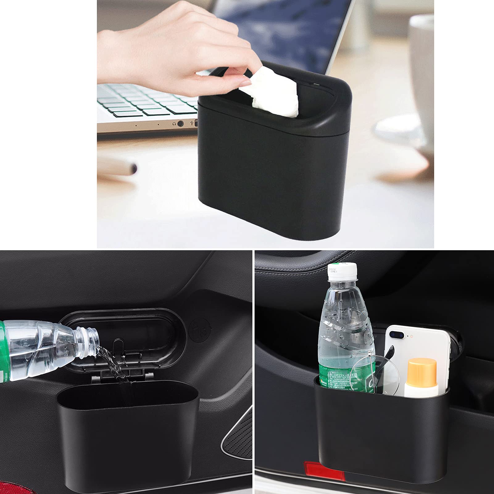3-Pack Leakproof Car Trash Can with Lid & 60 Trash Bags - Universal Vehicle Garbage Bin Organizer for Auto, Office, Home - Perfect for Road Trips, Commuting, and Keeping Vehicles Clean (Black)