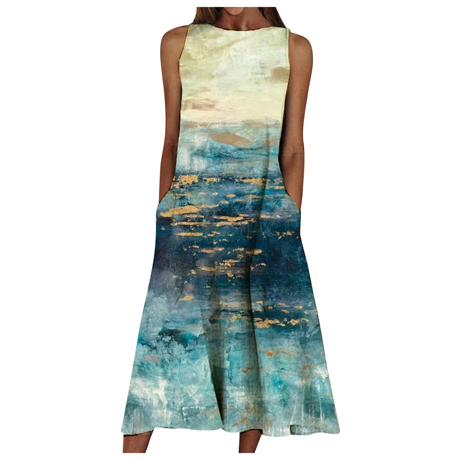 Women's Casual Summer Print Cami Dress - Sleeveless Round Neck Maxi Beach Dress with Pockets | Perfect for Vacations, Pool Parties & Summer Outings